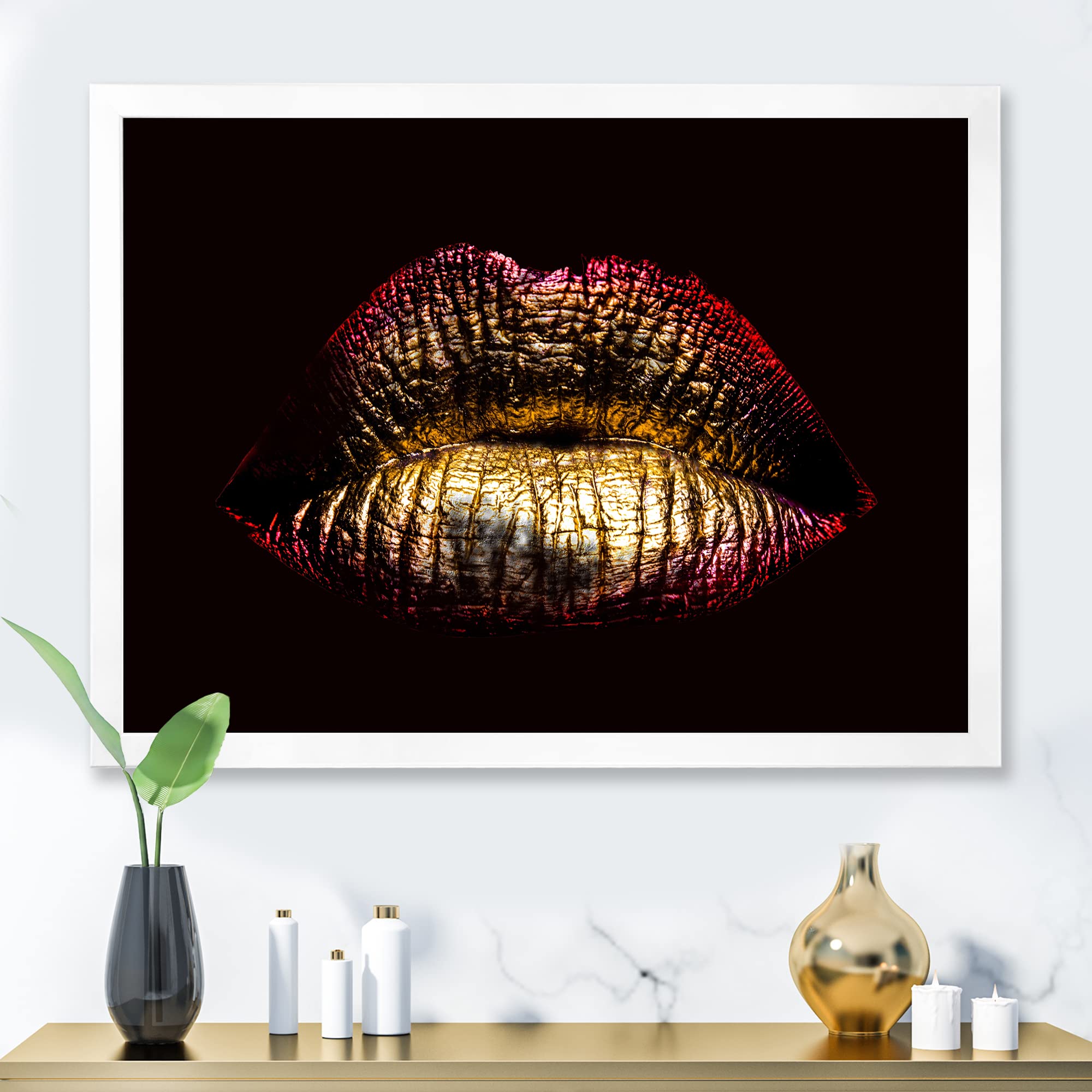 Golden Metallic Lips IV Modern Framed Wall Art - Elegant Home Decor for Living Room, Bedroom & Office