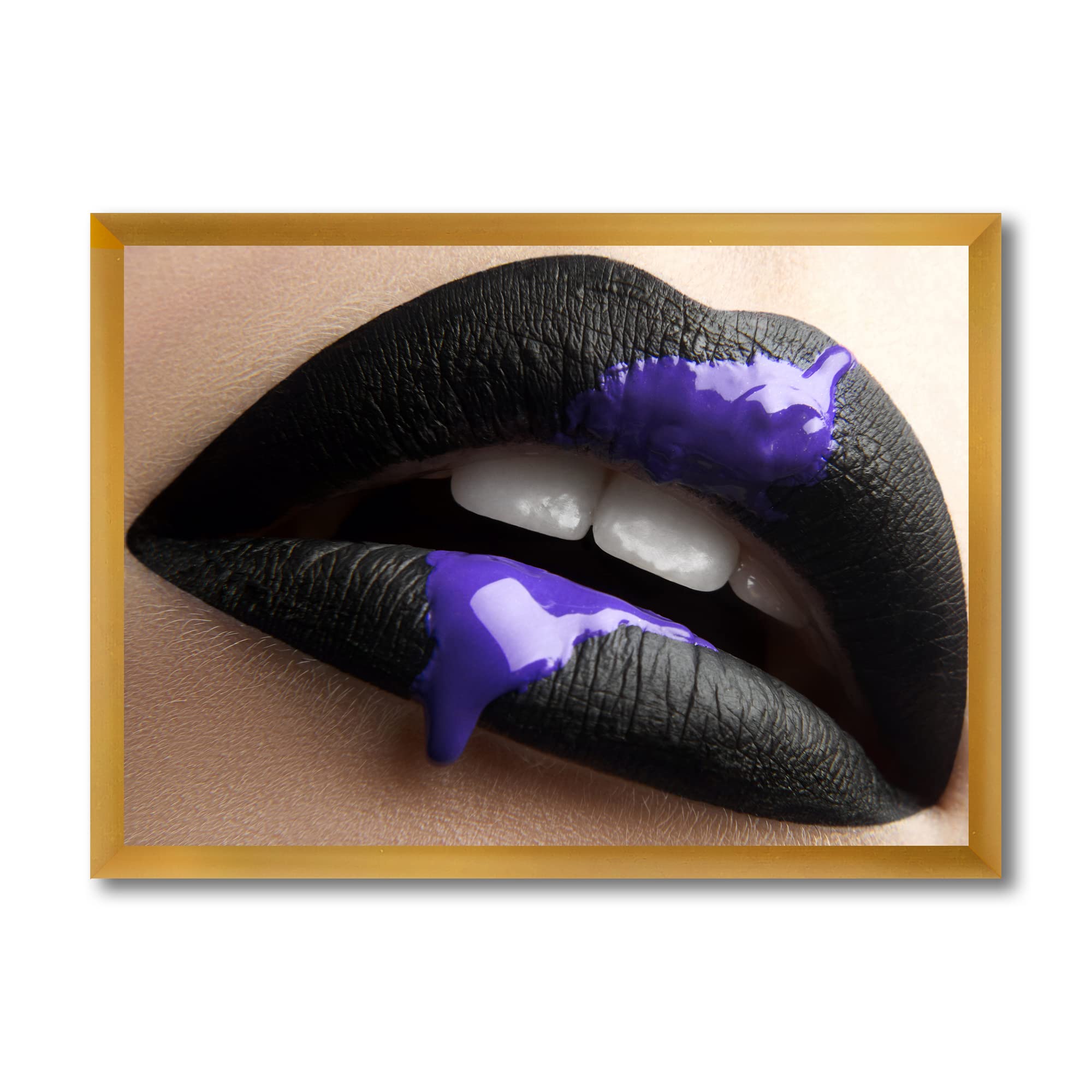 Modern Framed Wall Art - Black Lipstick & Purple Paint Female Lips Portrait for Living Room, Bedroom, or Office Decor