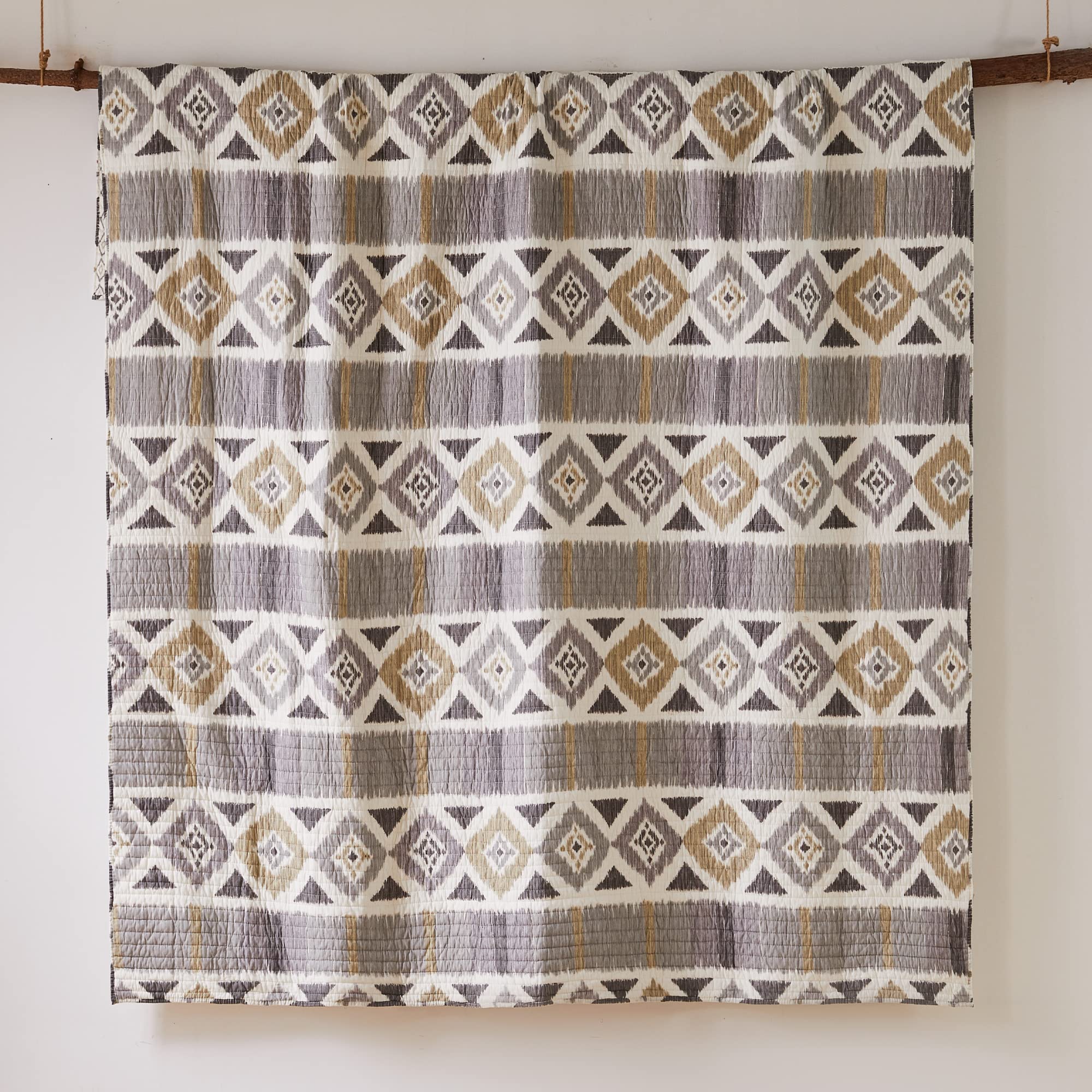 Levtex Home Santa Fe Twin/Twin XL Quilt - Reversible Cotton Ikat Pattern Bedspread in Soft Grey, Cream & Tan - 68x86 Inches - Perfect for Kids' Rooms, Guest Bedrooms & Cozy Dorm Decor