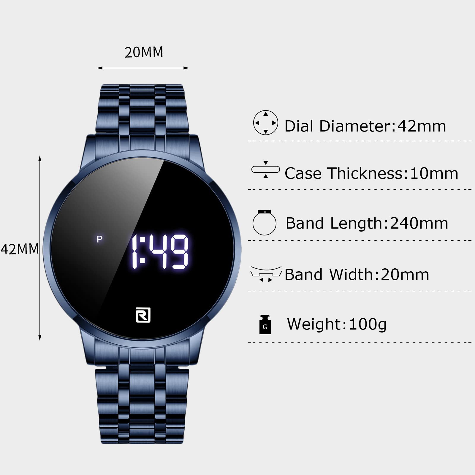 RORIOS Men's Digital Sports Watch - Touch Screen, Quartz Movement, Stainless Steel Strap - Waterproof Fitness Tracker for Running, Swimming & Outdoor Activities