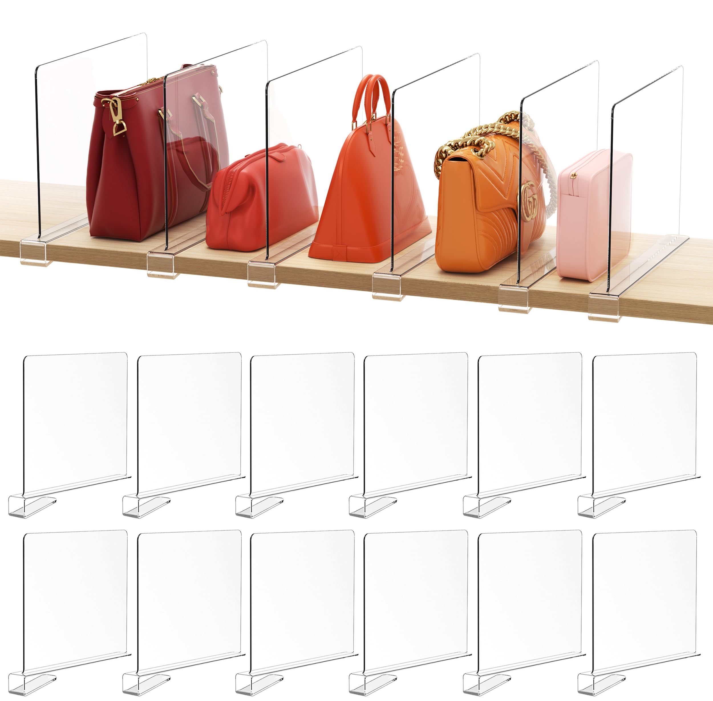HBlife 12 Pack Clear Shelf Dividers - Adjustable Acrylic Organizer for Closet, Kitchen & Bookshelf | Perfect for Sweaters, Shirts, Handbags & More | Space-Saving Storage Solution for Bedroom & Office Organization