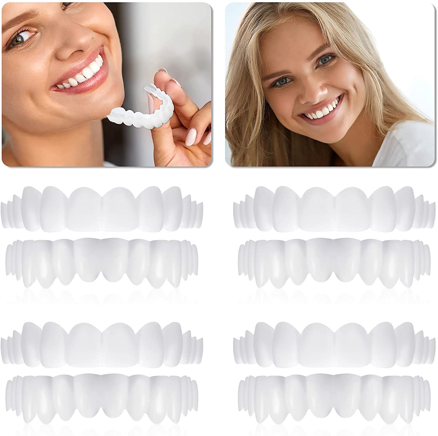 XuRX 4 Pack Instant Veneer Dentures - Top & Bottom Temporary Fake Teeth for Men & Women - Cosmetic Teeth Whitening, Straightening & Restoration Kit - Perfect for Smile Makeovers, Special Events & Daily Confidence Boost