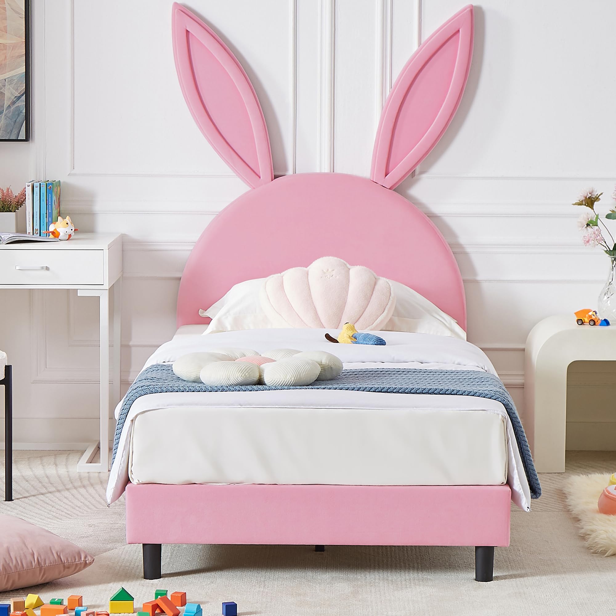 VECELO Twin Size Bed Frame for Kids with Upholstered Headboard - Wooden Slat Support, No Box Spring Needed - Princess Style Bed for Girls - Perfect for Bedrooms, Playrooms & Sleepovers