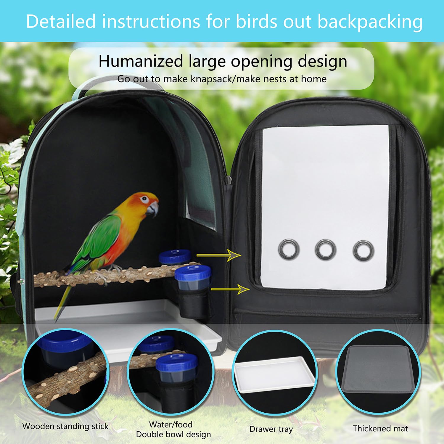 **Bird Travel Backpack Carrier with Tray, Perch & Feeding Tank - Waterproof & Ventilated for Parakeets, Lovebirds & Small Birds - Perfect for Outdoor Adventures & Vet Visits**