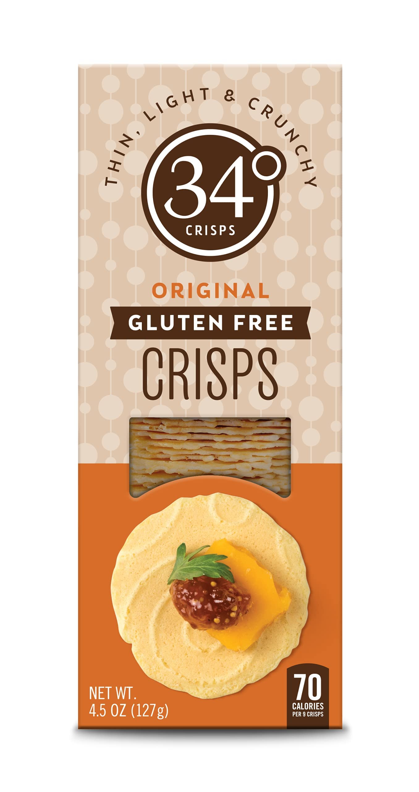 34 Degrees Crisps - Original Gluten Free Snacks | Thin, Light & Crunchy Gluten-Free Crackers, 3-Pack (4.5oz Each) | Perfect for Parties, School Lunches & Healthy Snacking