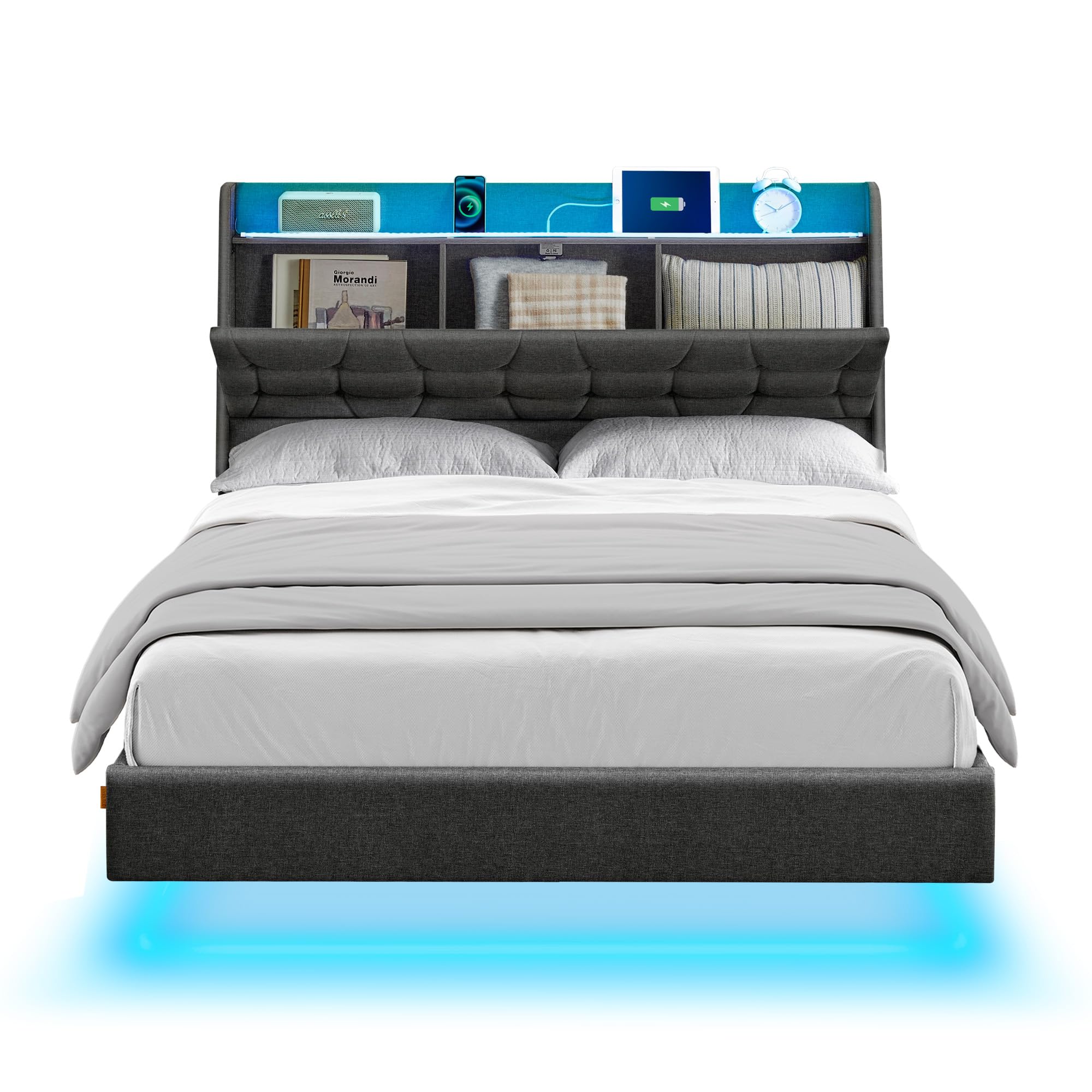 VASAGLE Full Size Floating Bed Frame with LED Lights, USB Charging Station, Tufted Storage Headboard - Upholstered Platform Bed Frame No Box Spring Needed, Dark Gray - Modern Bedroom Furniture for Small Spaces & LED Lighting Ambience