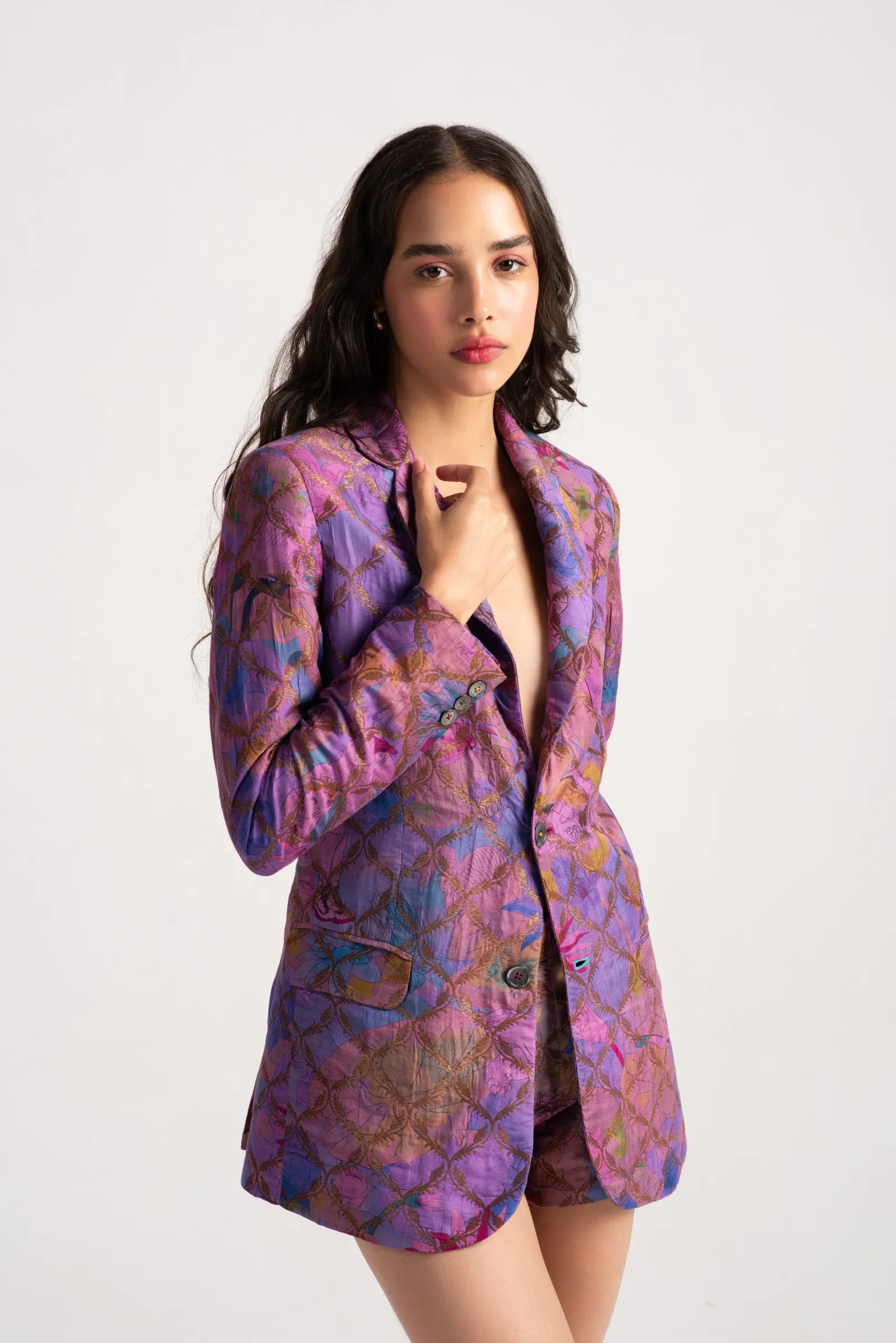 Elegant Rana Blazer in Luxurious Silk Brocade with Amethyst Details - Perfect for Weddings, Parties & Formal Occasions