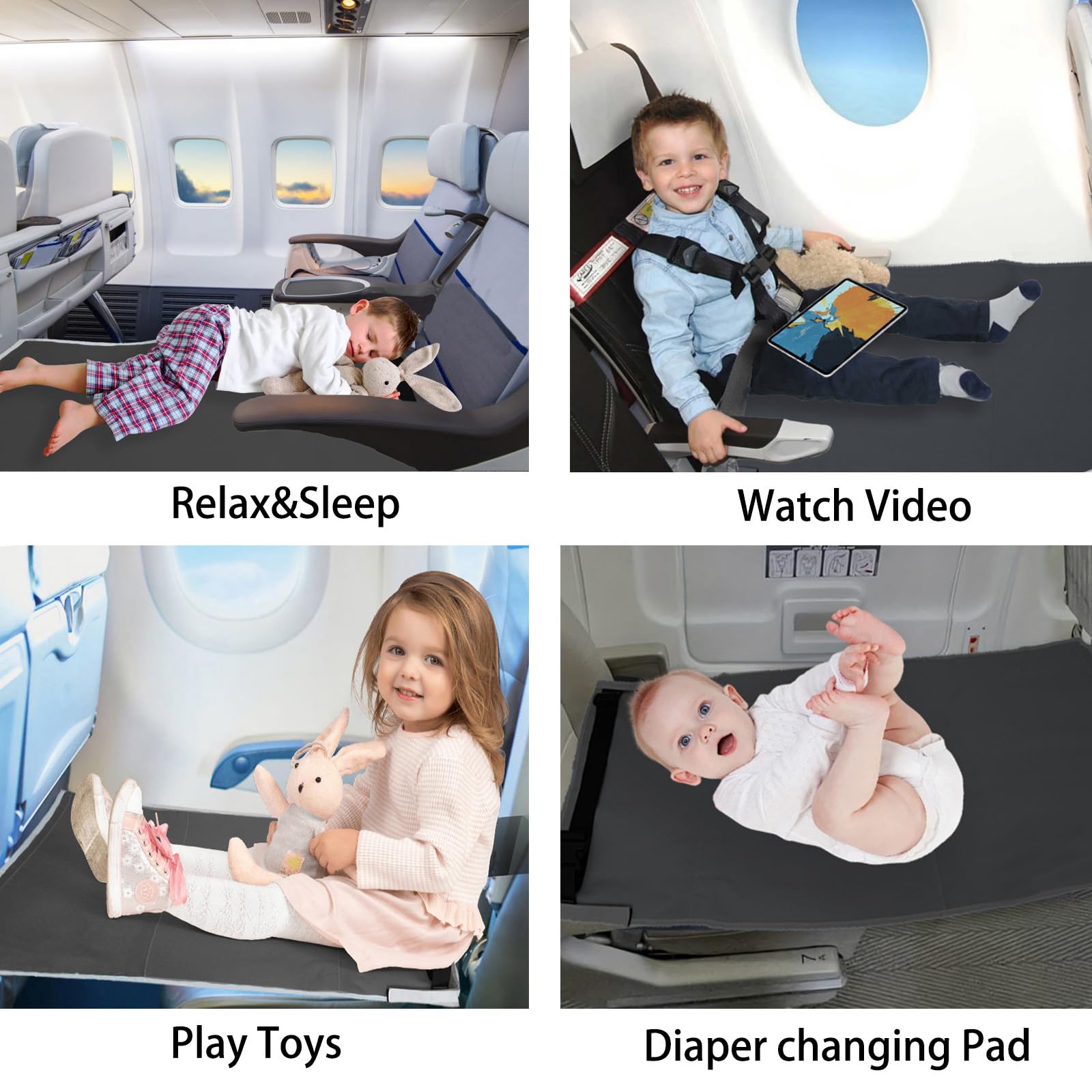 FOTN Toddler Airplane Bed - Portable Kids Travel Seat Extender & Footrest for Safe Infant Sleeping on Long Flights | Airplane Essentials for Baby Rest & Comfort (Black) | Perfect for Family Vacations & International Travel