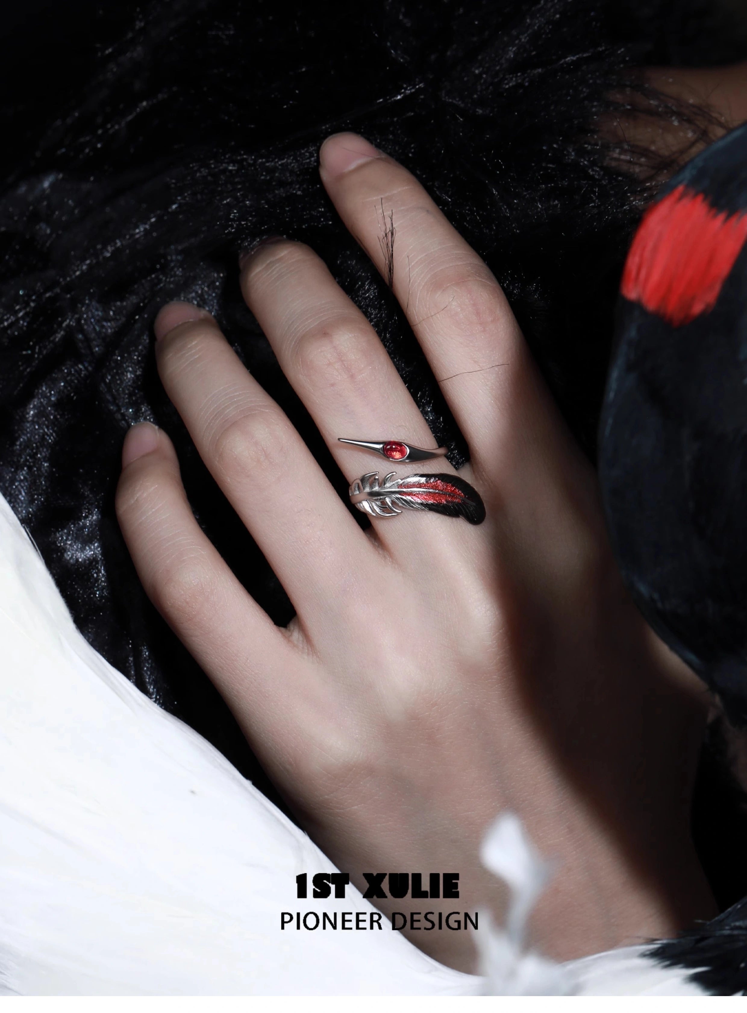 Soaring Cranes S925 Sterling Silver Adjustable Red Feather Rings for Women - Elegant Boho Jewelry Gift for Birthday, Anniversary & Special Occasions | Handmade Adjustable Feather Ring for Everyday Wear & Festival Outfits