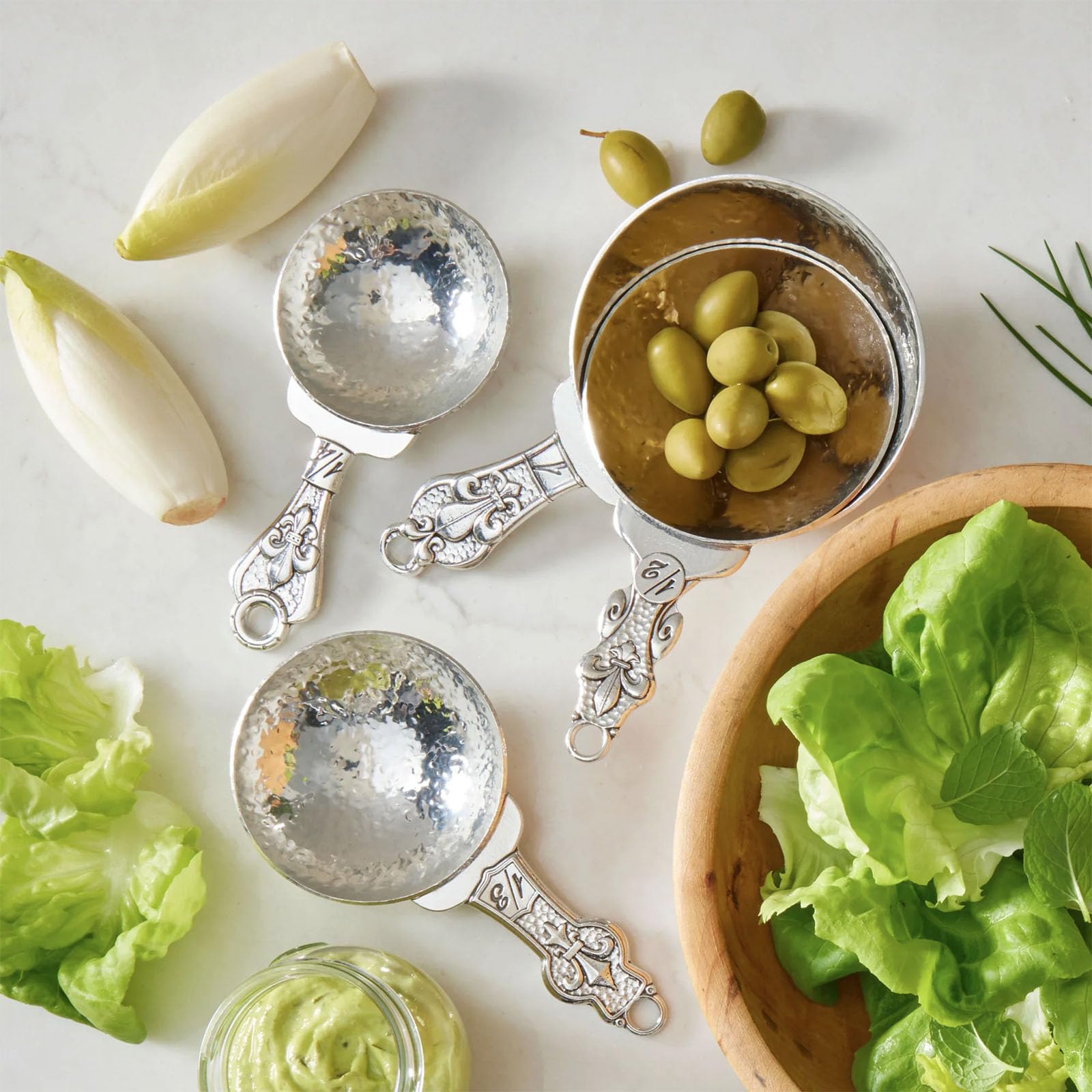 Crosby & Taylor Fleur de LYS Pewter Measuring Cups Set - 4-Piece Stainless Steel Kitchen Measuring Cups with Display Stand | Perfect for Baking, Cooking & Kitchen Decor
