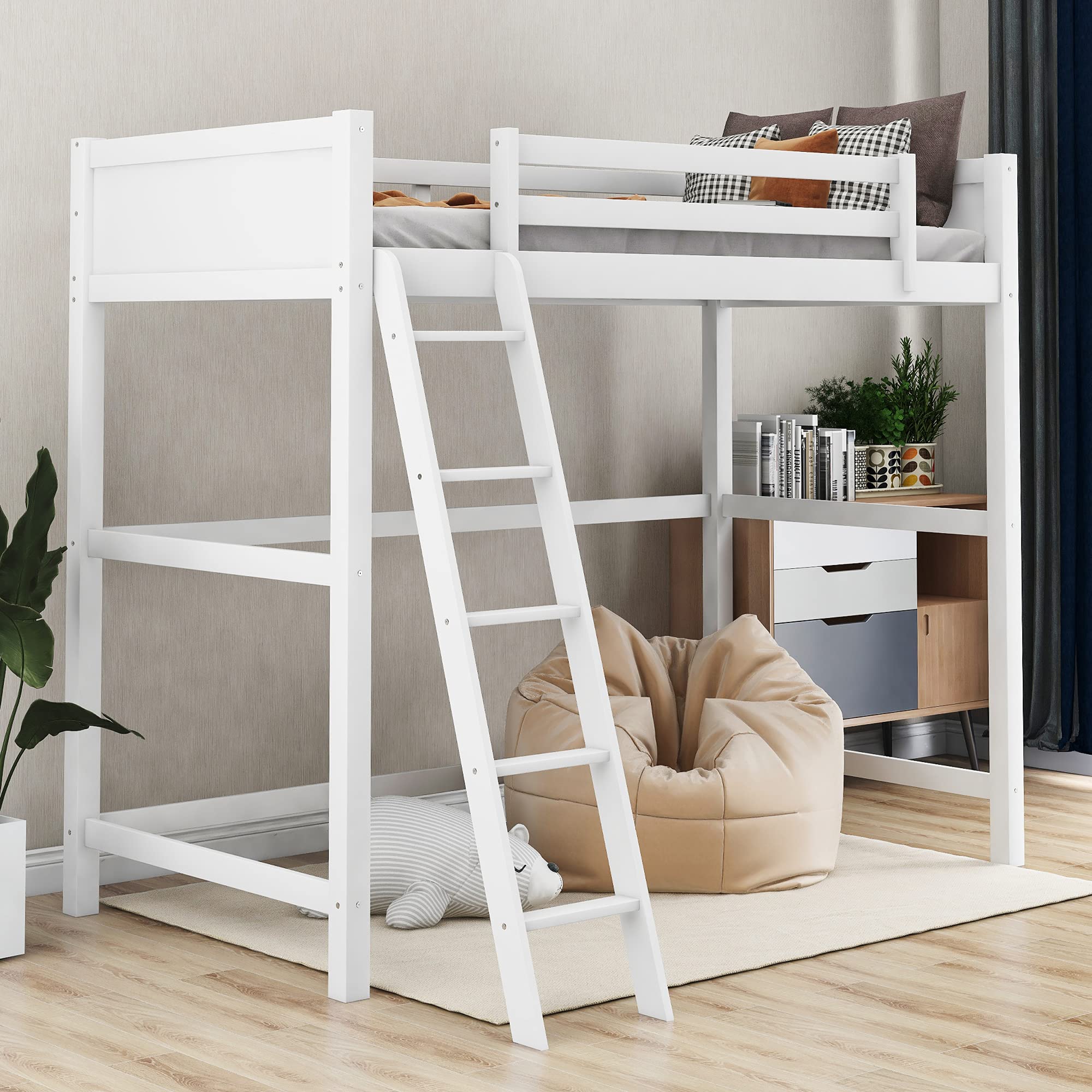 P PURLOVE Twin Loft Bed Frame - Sturdy Wooden Bunk Bed with Angled Ladder & Safety Rails, Space-Saving Kids Bedroom Furniture (White) - Perfect for Small Rooms, Dorms & Apartments