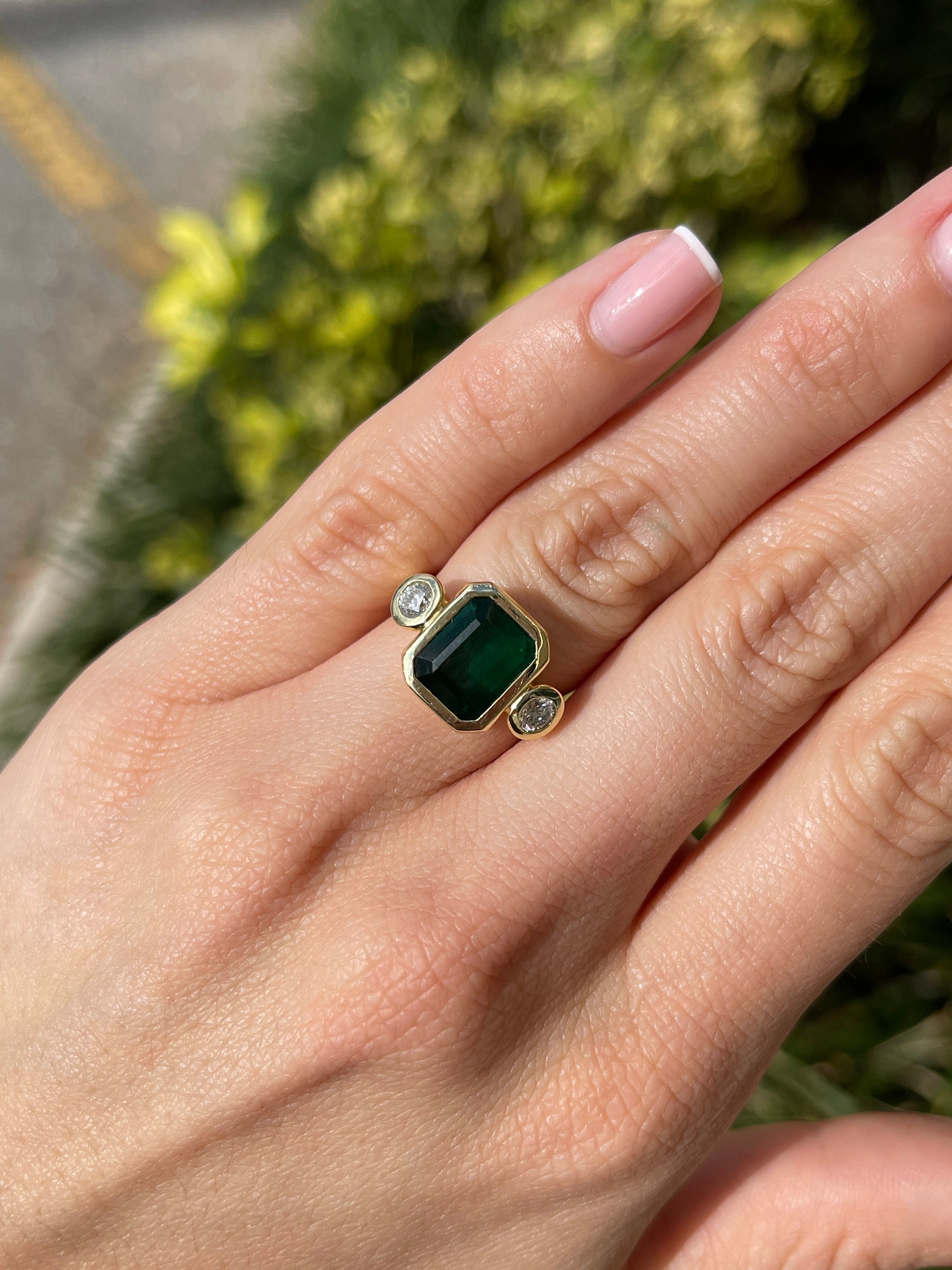 4.58tcw Natural Dark Emerald & Round Diamond Three Stone Ring in 18K Gold - Elegant Engagement, Anniversary or Gift Jewelry for Women