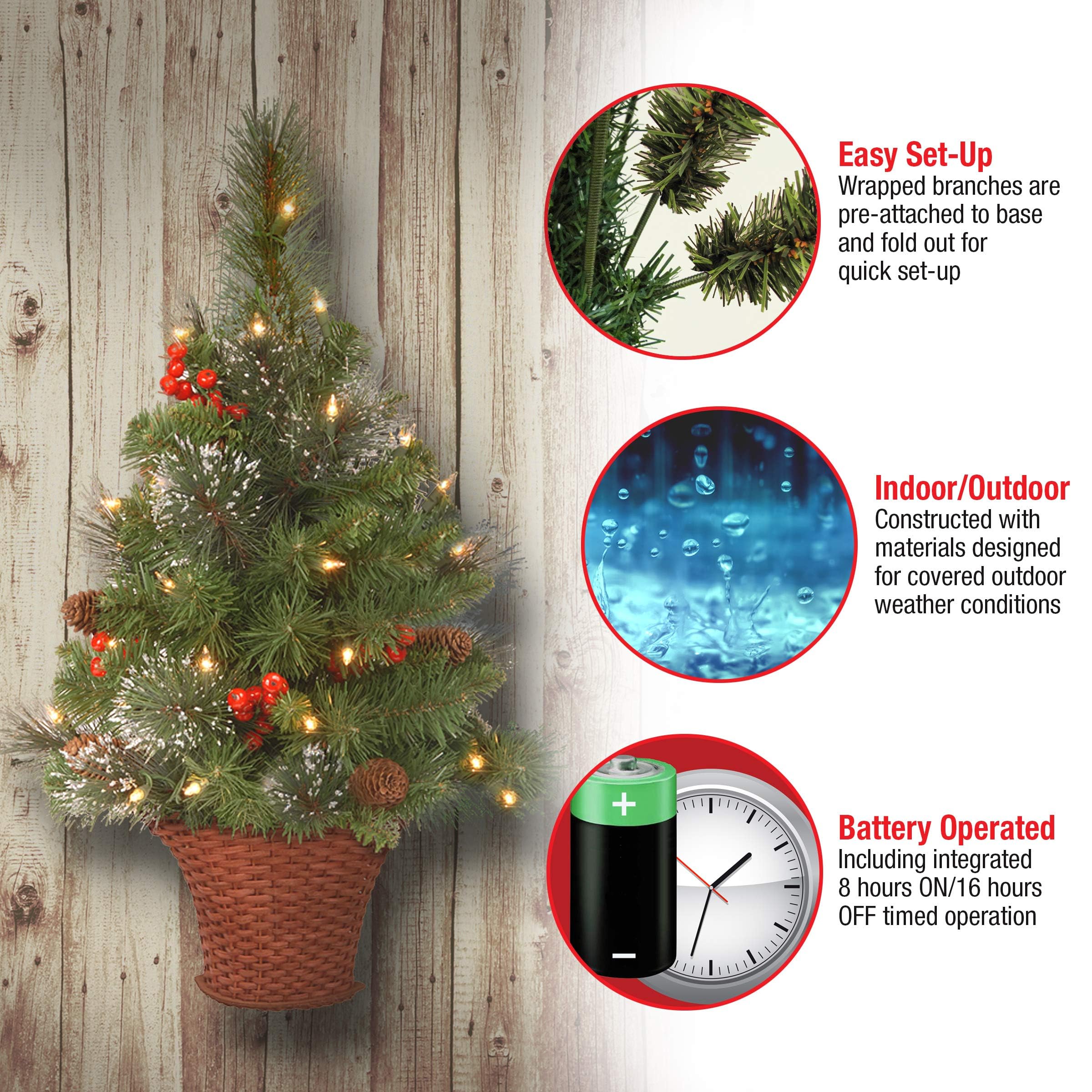 National Tree Company 3ft Pre-Lit Artificial Mini Christmas Tree - Green Crestwood Spruce with White Lights, Pine Cones & Berry Clusters - Frosted Branches & Wicker Base - Perfect for Small Spaces, Office Desk, Bedroom or Holiday Table Centerpiece