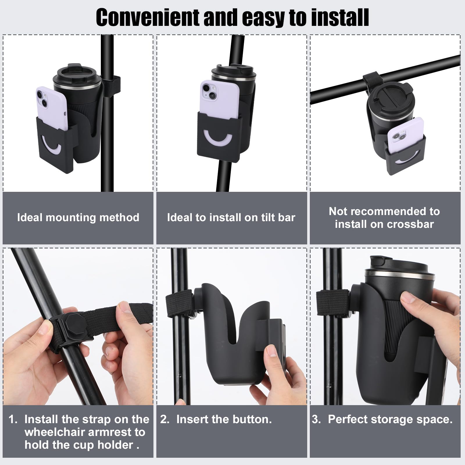 Drive Medical Nitro Wheelchair Cup Holder - 2-in-1 Adjustable Strap-On Drink & Phone Holder for Wheelchairs, Walkers & Rollators - Durable Black Accessory for Seniors & Mobility Devices (Perfect for Outdoor Activities & Daily Use)