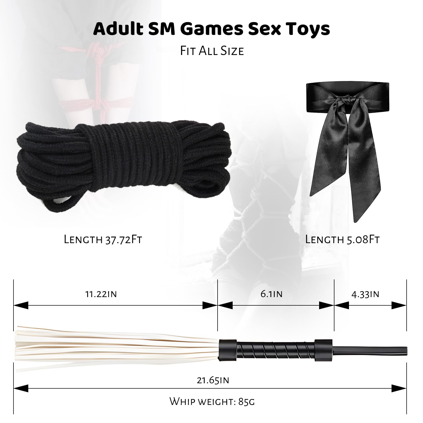BDSM Bondage Kit - Soft Cotton Rope, Silky Blindfold & Adjustable Whip - 3-Piece Restraint Set for Couples | Beginner-Friendly Bondage Gear for Bedroom Play, Roleplay & Sensual Exploration