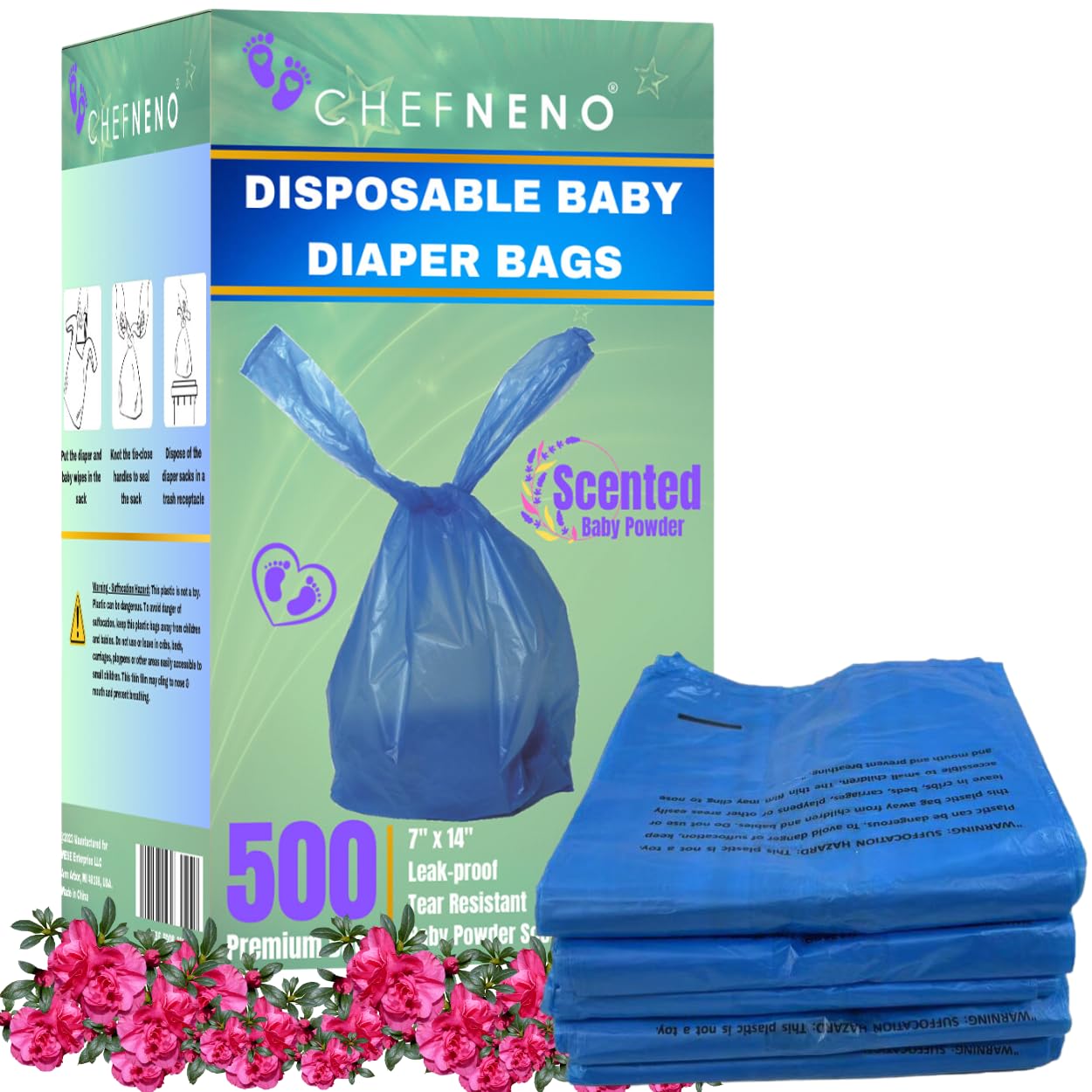 **500 Count Disposable Baby Diaper Bags with Fresh Baby Powder Scent - Easy Tie Handles, Bulk Pack for Diapers, Dog Poop, Cat Litter & Sanitary Pads Disposal - Perfect for Travel, Daycare & Pet Owners**