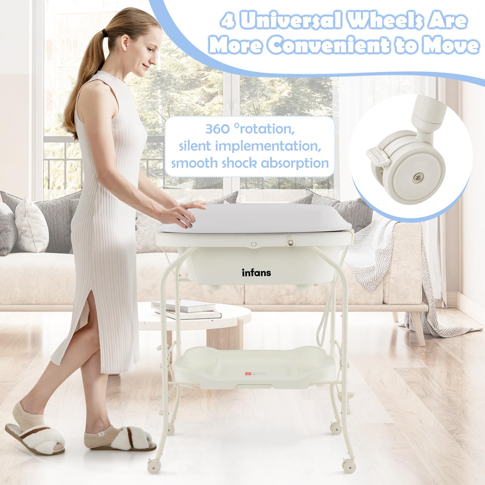 INFANS 2-in-1 Baby Changing Table with Bathtub - Foldable Diaper Station with Wheels, Waterproof Pad & Storage Rack - Portable Nursery Organizer for Newborns & Infants (White) - Perfect for Small Spaces, Daycare Centers & Home Nurseries