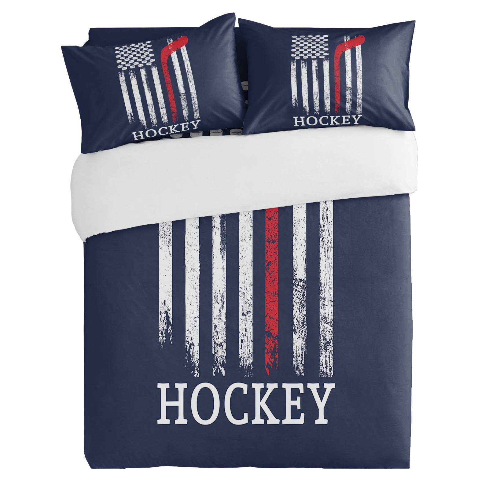 3-Piece American Ice Hockey Sports Bedding Set - Duvet Cover with 2 Pillow Shams, USA Flag Stripes Design for Kids, Teens, Men & Women | Perfect for Sports-Themed Bedrooms, Dorm Rooms & Fan Gifts