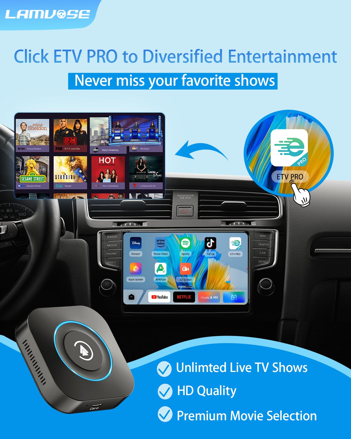 Wireless CarPlay Adapter 2025 - Magic Box 2.0 AI Box for Factory Wired Cars (2015+) | Supports Netflix, YouTube, TikTok, Disney+, Hulu | Seamless Apple CarPlay & Android Auto | Perfect for Road Trips, Commuting & In-Car Entertainment