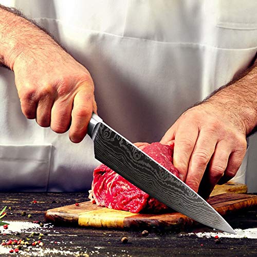 Premium Damascus Steel Knife Set - 5-Piece Professional Chef Knives with Laser Etched Pattern | 5Cr15MoV Stainless Steel Kitchen Cutlery Set for Cooking, Slicing & Food Prep | Ideal for Home Chefs & Culinary Enthusiasts