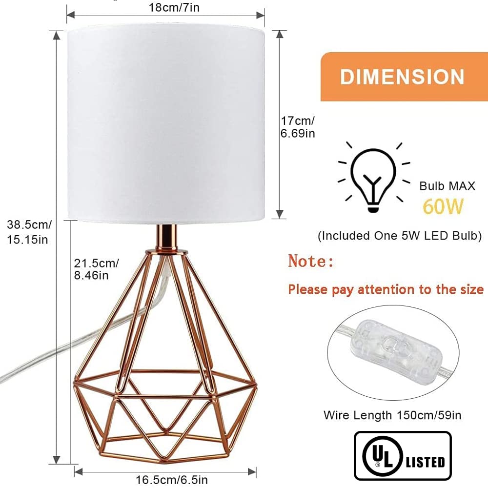 Modern Geometric Table Lamp with Rose Gold Hollowed Metal Base & Fabric Shade - 5W E26 Warm LED Bulb Included - Bedside Nightstand Lamp for Bedroom, Living Room & Office Decor - Perfect for Reading, Relaxing & Ambient Lighting