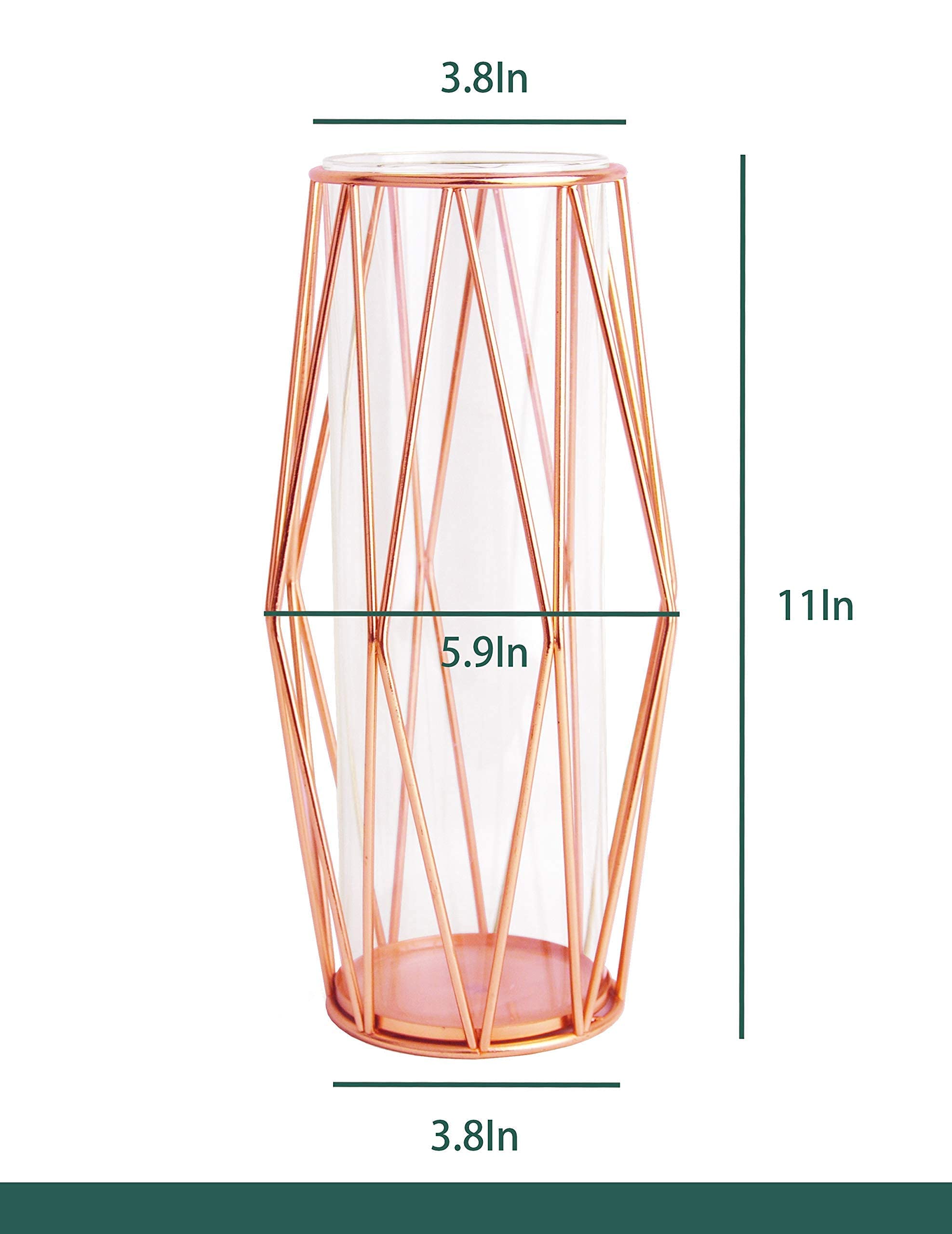 Premium Rose Gold Flower Glass Vase with Metal Stand - 11 Inch Modern Home Decor for Living Room, Wedding Centerpiece, Dining Table & Office Desk Decoration
