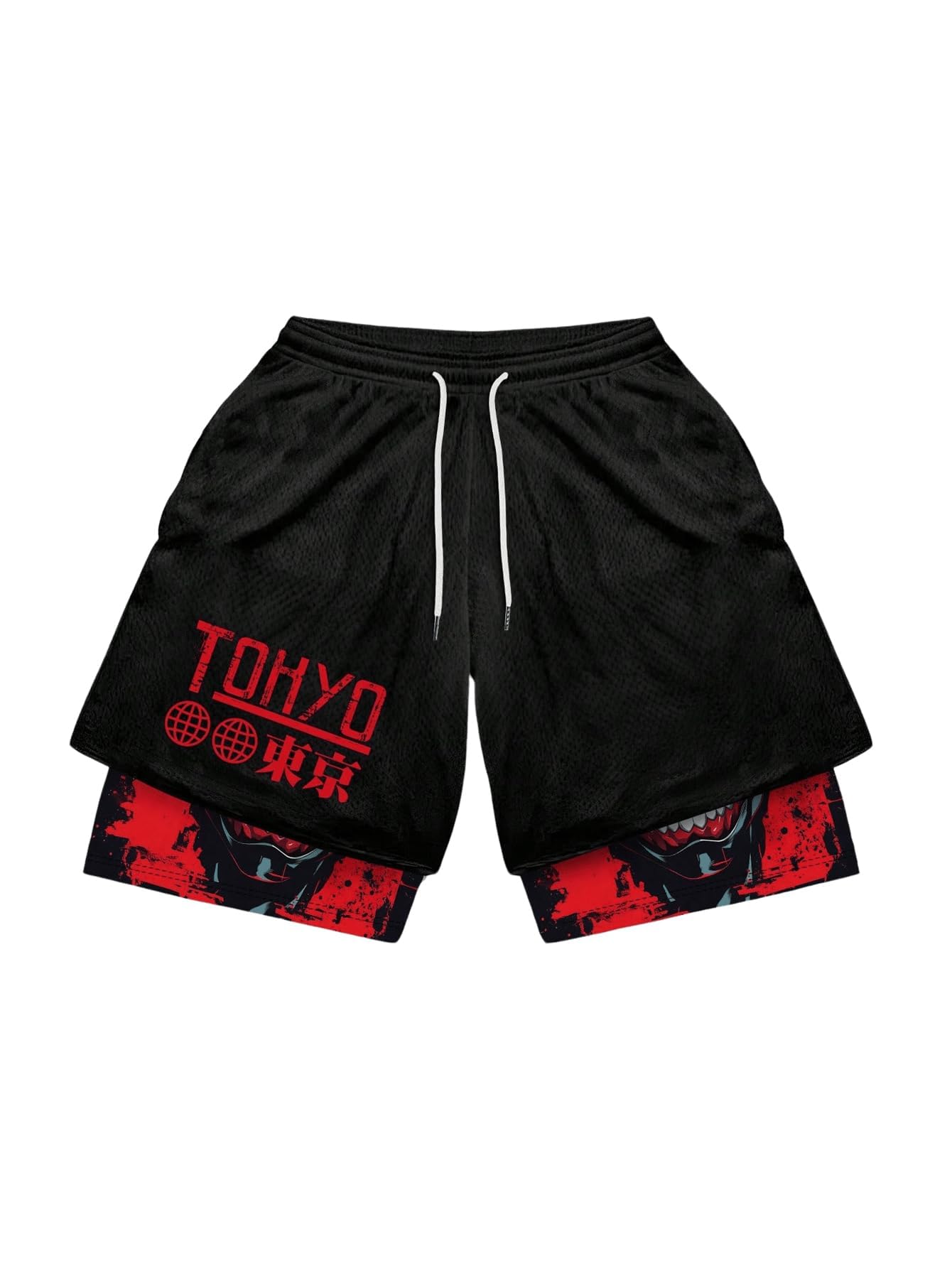 GORGLITTER Men's 2-in-1 Anime Graphic Gym Shorts - Quick Dry Athletic Running Shorts with Mesh Liner & Drawstring Waist - Perfect for Workout, Jogging & Casual Wear