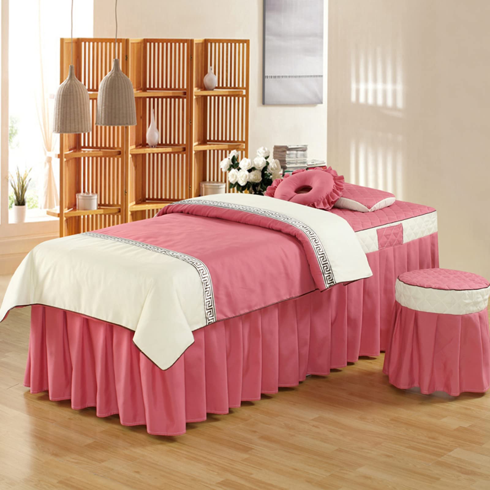 KKLT 4-Piece Massage Table Sheet Set - 100% Cotton Beauty Bed Cover with Stain-Resistant Solid Color Skirt, Includes Pad & Face Rest Cover (180x60cm/71x24inch) - Perfect for Spa, Salon, Physical Therapy & Home Massage Treatments
