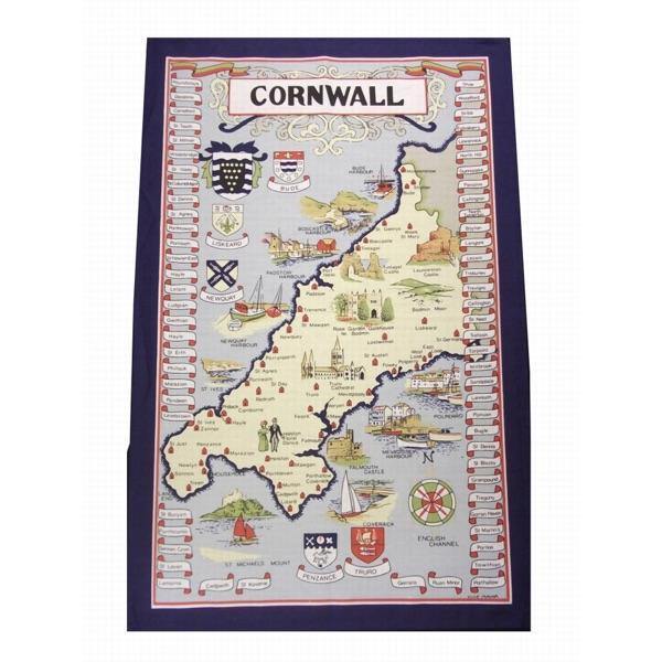 Cornwall Blue Map & Crest Souvenir Tea Towel - British Coastal Kitchen Decor, Dish Drying Towel for English Themed Kitchens, Cottage Decor & Coastal Home Accessories