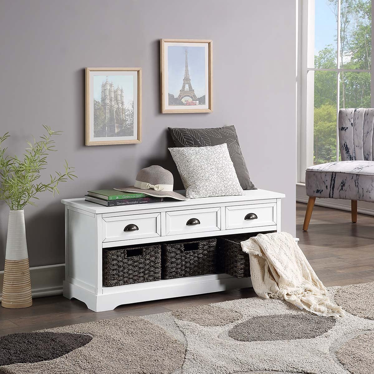 HYDL Entryway Storage Bench with 3 Drawers & 3 Woven Baskets - Shoe Bench for Living Room, Hallway, Bedroom - Perfect for Organizing Shoes, Toys & Home Decor
