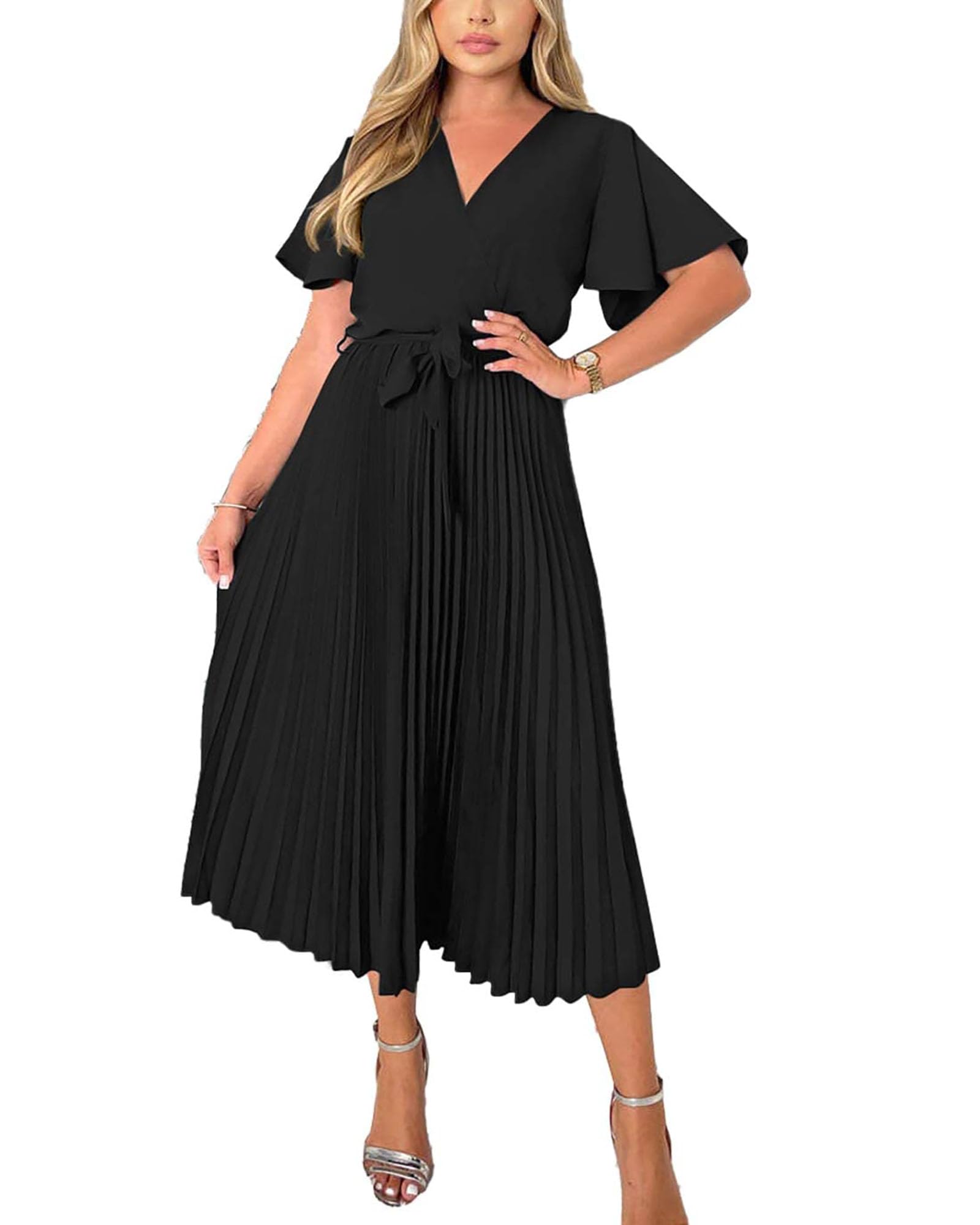 BTFBM Women's Wrap V-Neck Summer Dress 2023 - Short Sleeve Satin Tie Waist Pleated Flowy Midi Dress for Wedding Guest, Beach Vacation & Casual Outings