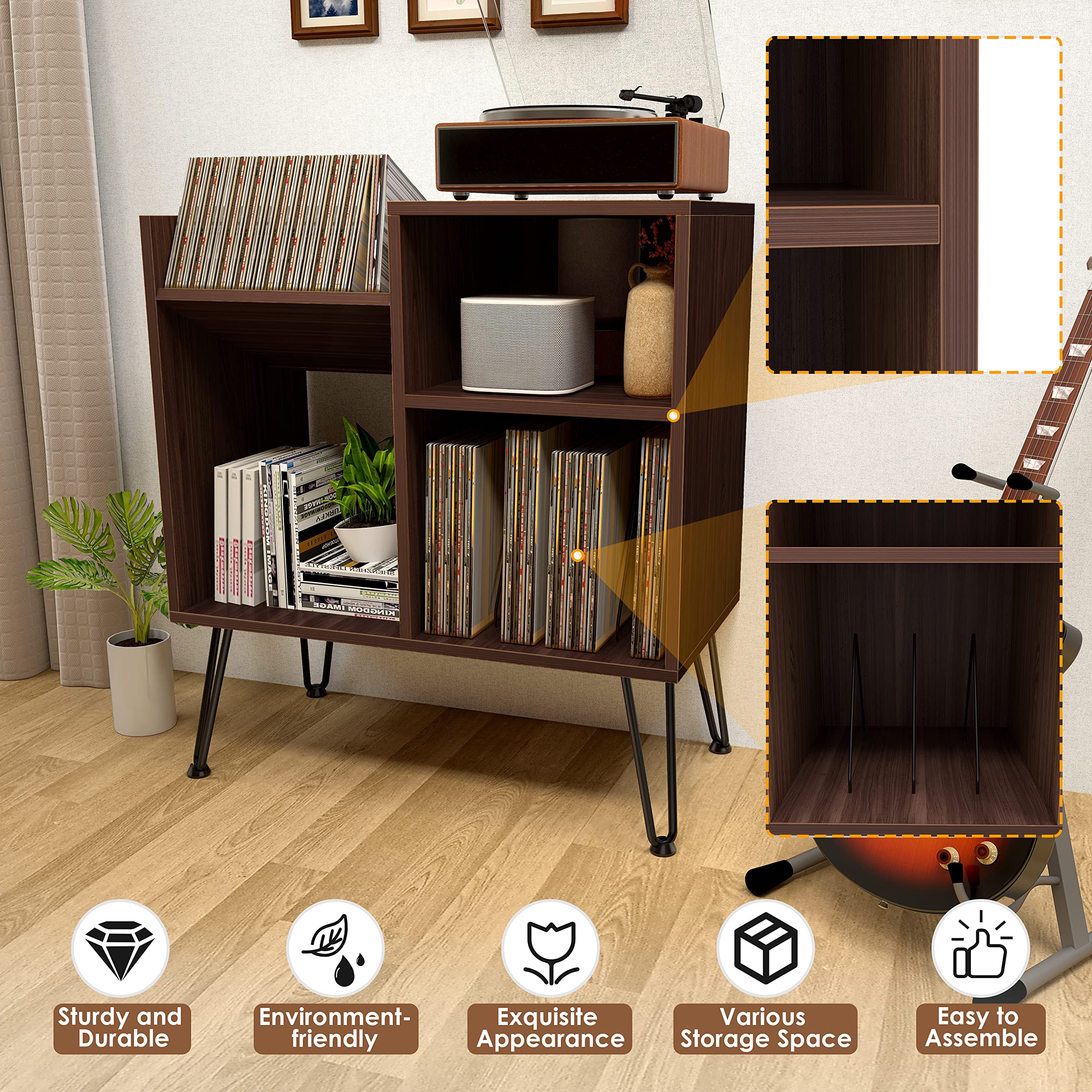 iyrany Record Player Stand with Vinyl Storage - Turntable Stand Cabinet with Metal Legs Holds 250+ Albums - Perfect for Living Room, Bedroom & Office Music Setup