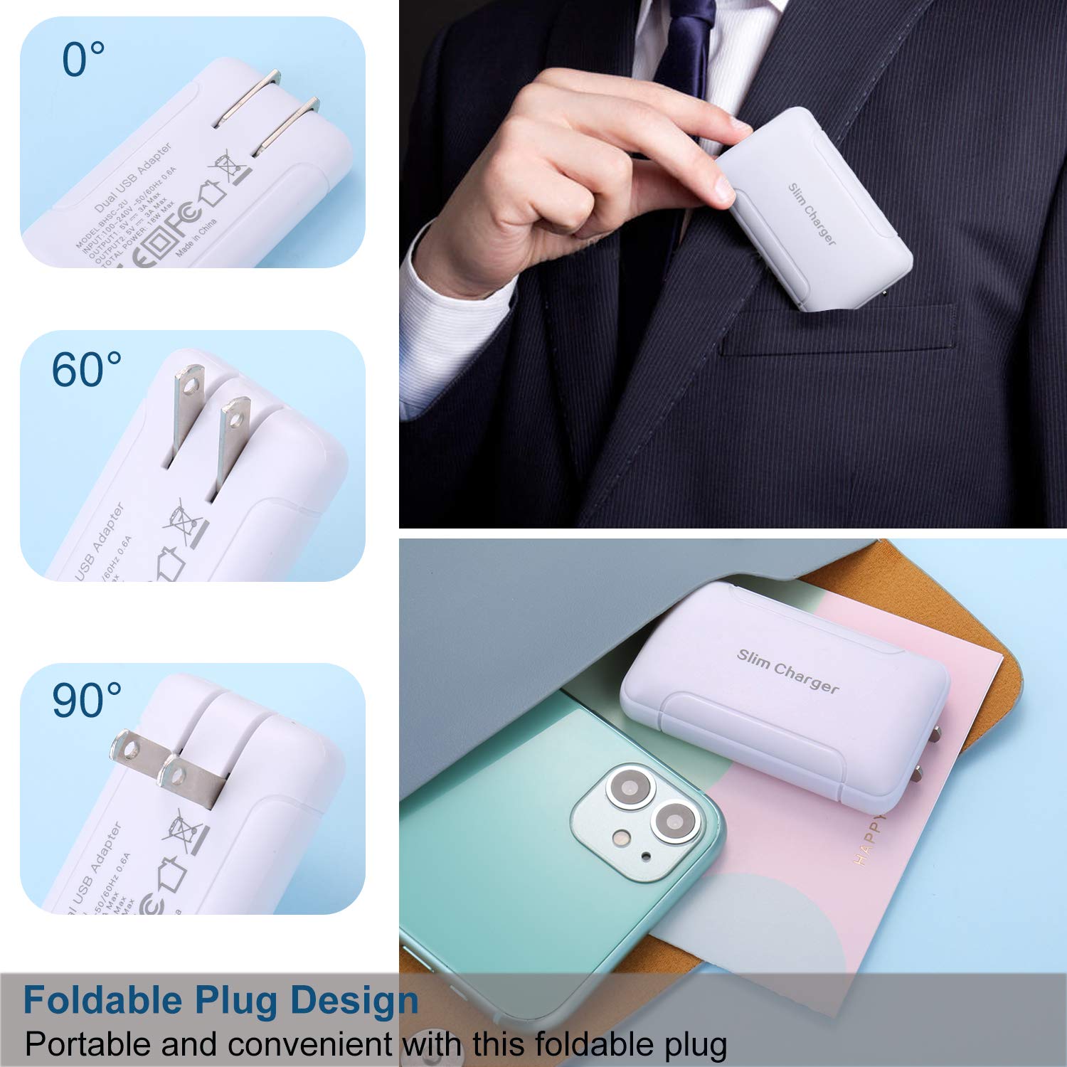 Pofesun Dual Port USB Wall Charger - Fast Charging Power Adapter with Foldable Plug for iPhone 16/15/14/13/12/11 Pro Max, Samsung Galaxy S25/S24/Note 20, LG - Compact & Slim Design for Home, Office, Travel Charging Needs