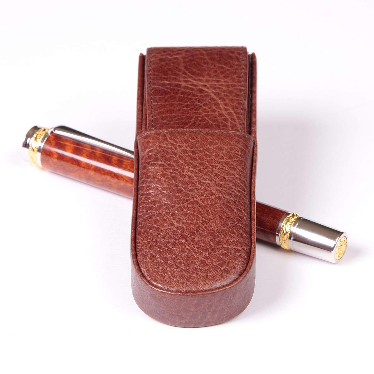 Premium Brown Double Round Leather Pen Box - Elegant Gift for Writers & Professionals - Perfect for Office, Home Desk & Gifting