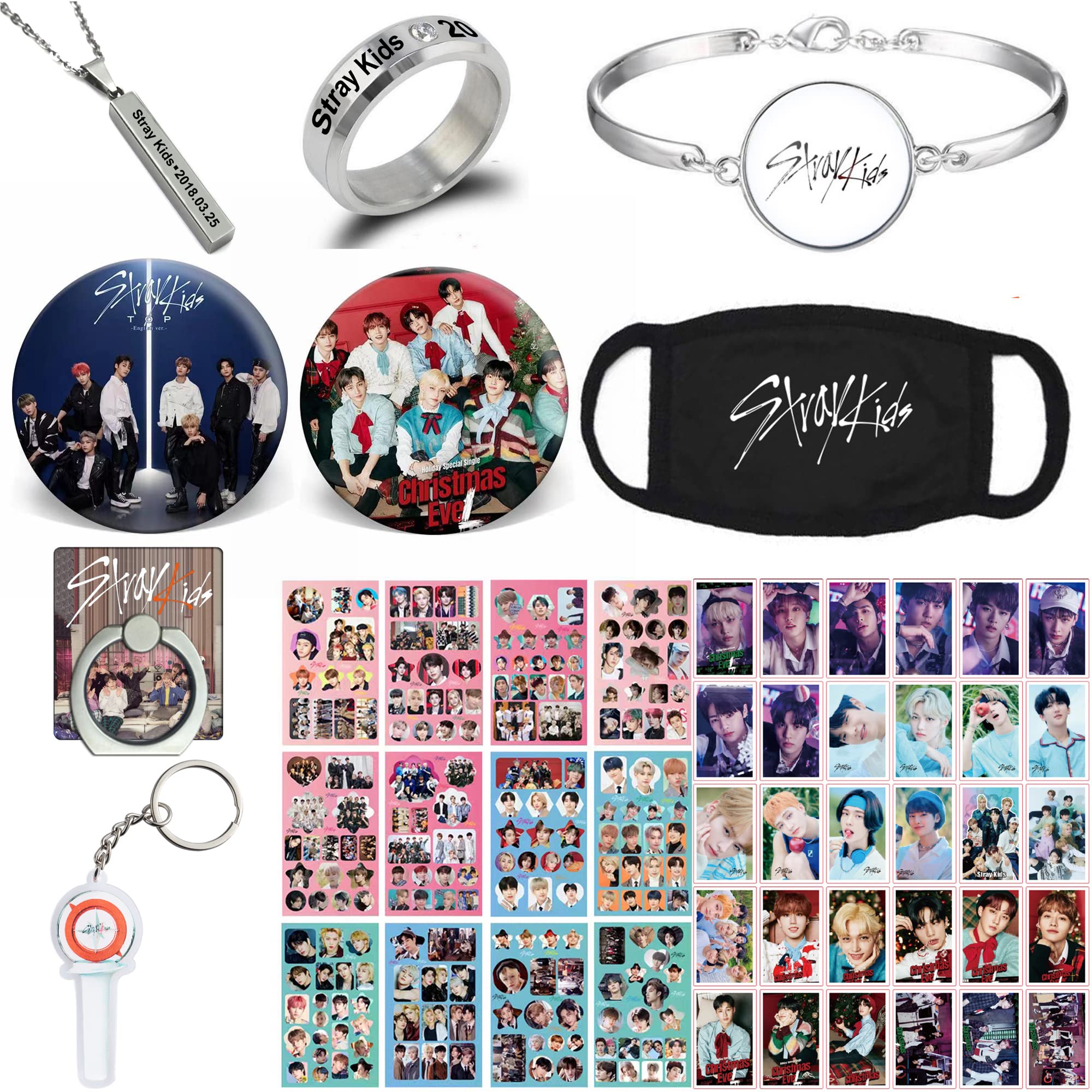 WGEEEY Kpop Stray Kids Merchandise Gift Set - Includes Photocard, Stickers, Bracelet, Face Shield, Rings, Pendant Necklace, Button Pin, Phone Ring Holder & Keychain | Perfect for Fans, Collectors, Birthday Gifts and Kpop Concerts