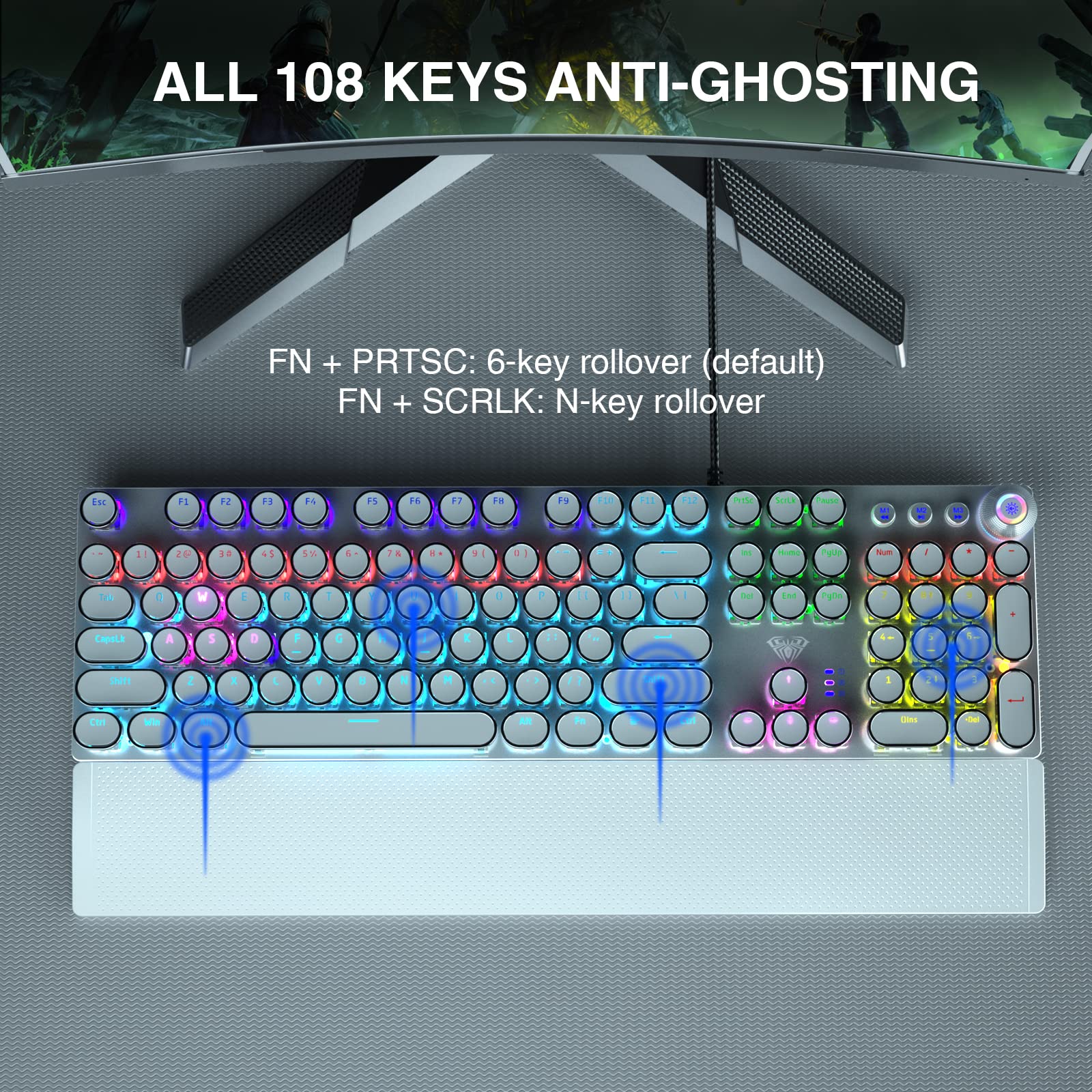 AULA F2088 Retro Mechanical Gaming Keyboard - Blue Switches, Removable Wrist Rest, RGB Backlit, Round Keycaps, 108 Keys Wired USB (White) - Perfect for Typing, Gaming & Office Work