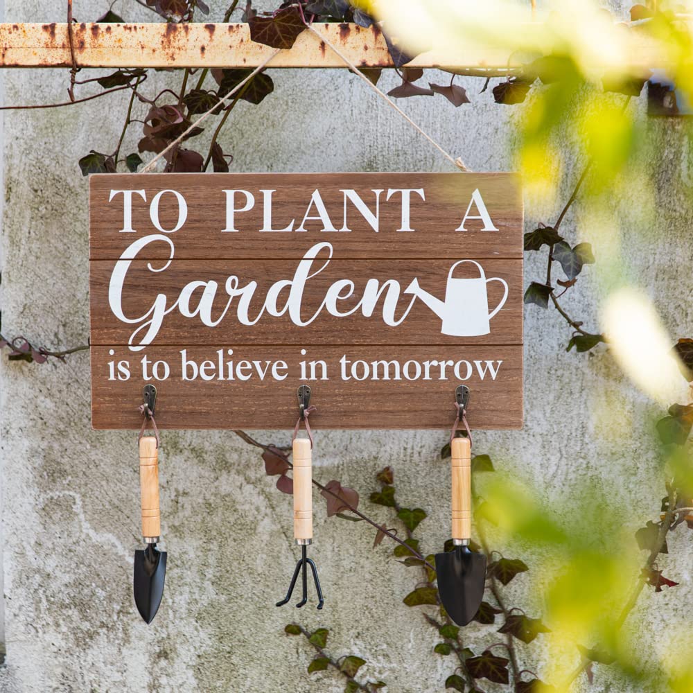 COLLECTIVE HOME - 3-Piece Garden Decor Set with Wood Hanging Signs & Tools, Outdoor Wall Art with Hooks (15.75