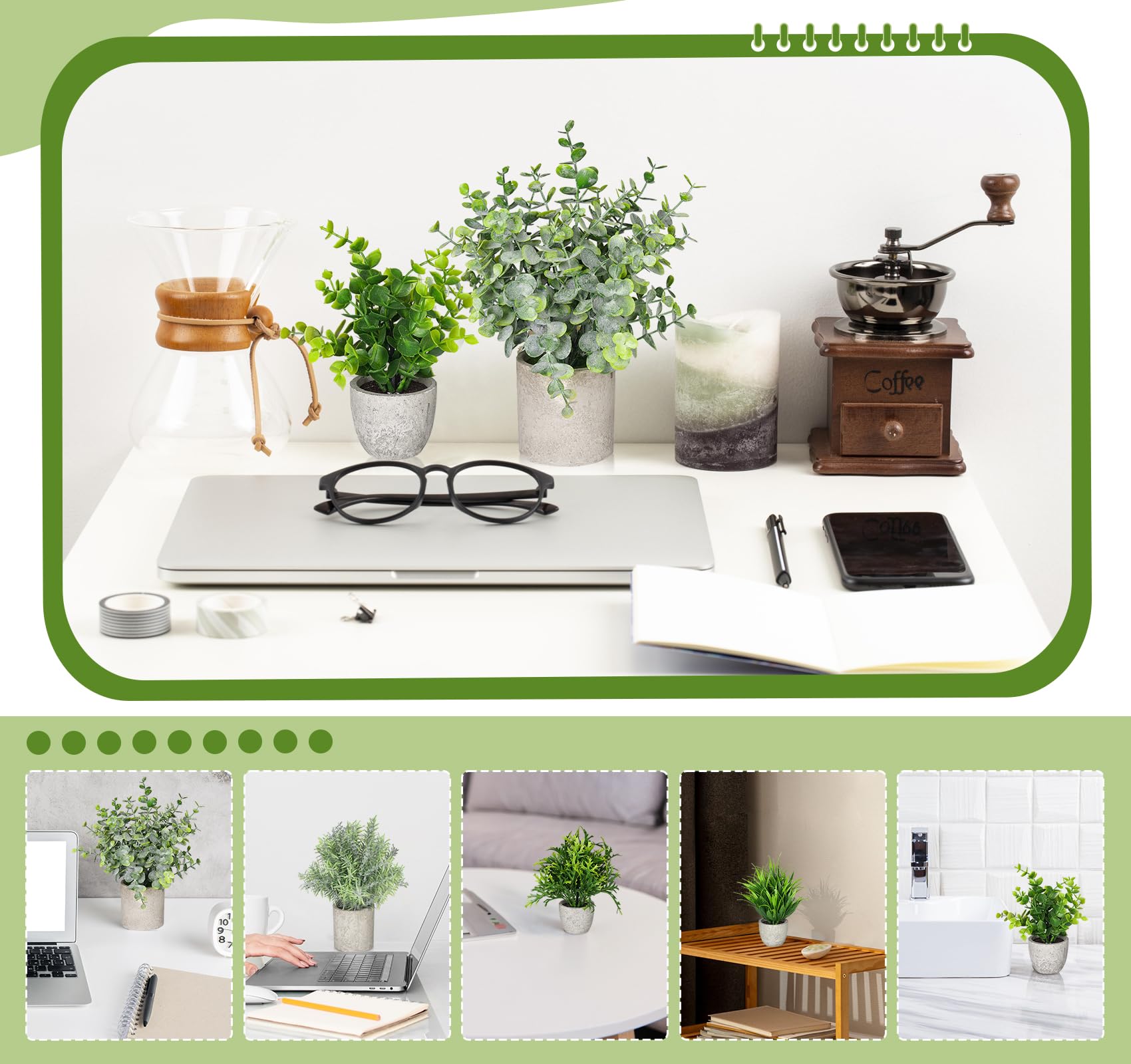5 Pack Mini Artificial Potted Plants - Small Fake Eucalyptus Greenery & Plastic Faux Grass for Home Decor, Indoor Office, Table Centerpiece, Farmhouse Style | Perfect for Desk Decor, Wedding Centerpieces & Shelf Displays