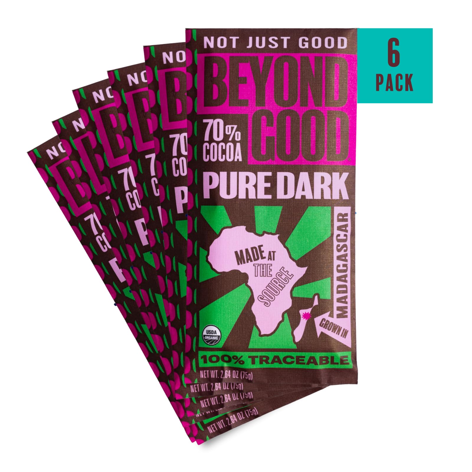 Beyond Good Organic Dark Chocolate Bars 6-Pack | 70% Single Origin Madagascar Heirloom Cocoa | Vegan, Kosher, Non-GMO, Direct Trade | Perfect for Gifts, Baking & Healthy Snacking