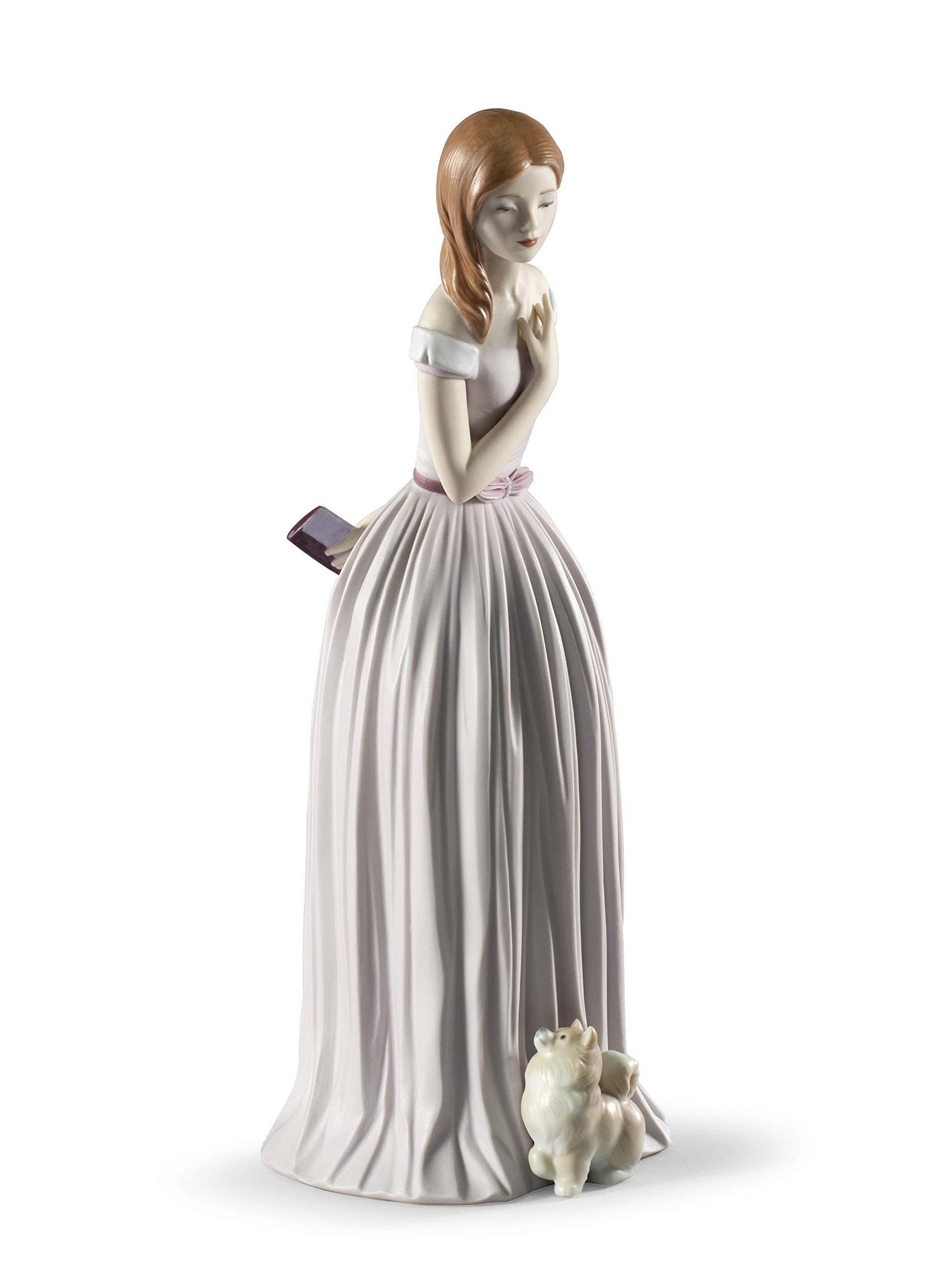 LLADRÓ 'I'll Walk You to The Party' Porcelain Figurine - Elegant Woman with Dog Statue for Home Decor & Gift Giving | Perfect for Living Room, Office, or Special Occasions