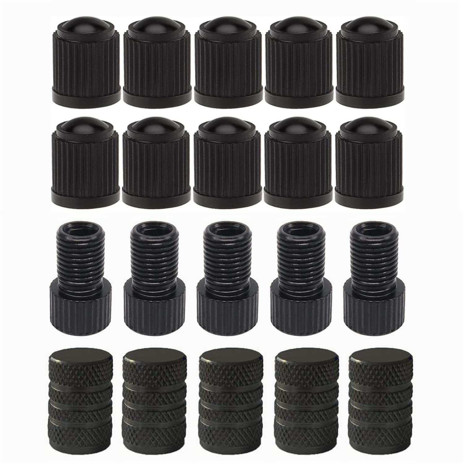 5-Pack Presta to Schrader Valve Adapter - French/UK to US Bike Pump Converter with 15 Valve Caps - Compatible with Mountain Bikes, Road Bikes & Car Tires (Black) - Perfect for Cycling, Road Trips & Emergency Tire Inflation