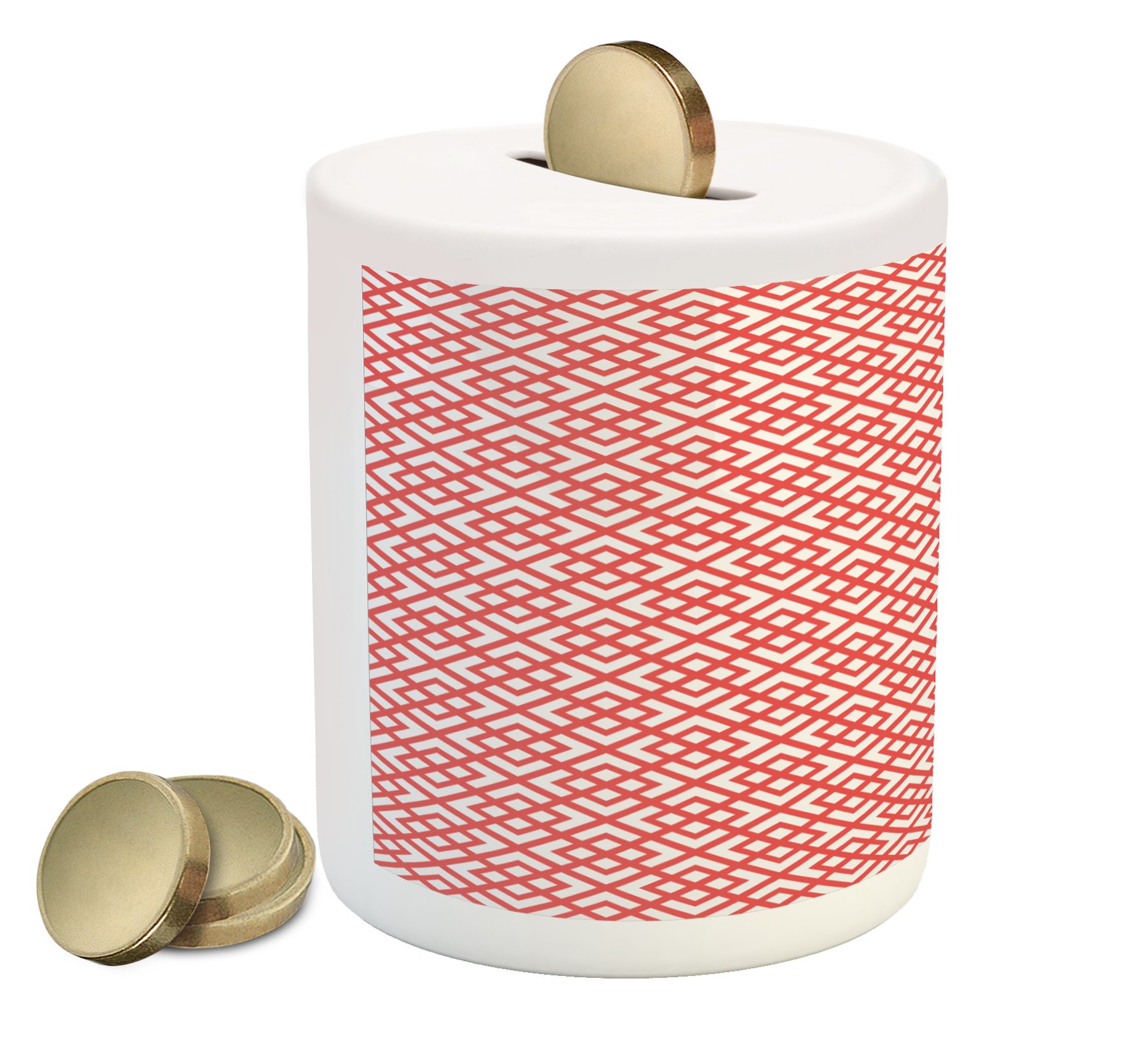 Ambesonne Pink Ceramic Piggy Bank with Diamond & Triangle Art Print - Square Shape Money Box for Cash Savings in Dark Coral & White - Perfect for Kids' Savings, Gifts, and Home Decor
