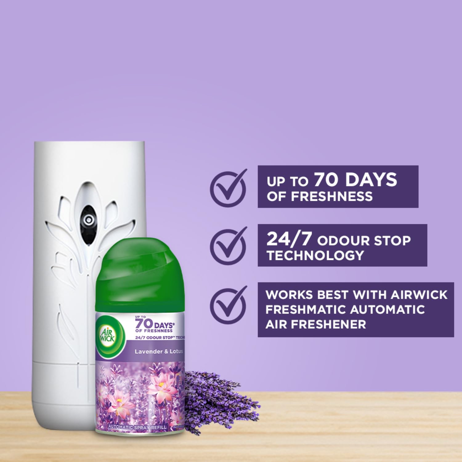 Air Wick Freshmatic Automatic Air Freshener Refill 250ml - Lavender & Lotus Scent | 2600 Sprays Guaranteed | Home, Bathroom & Office Air Freshener | Eliminates Odors & Creates Relaxing Atmosphere