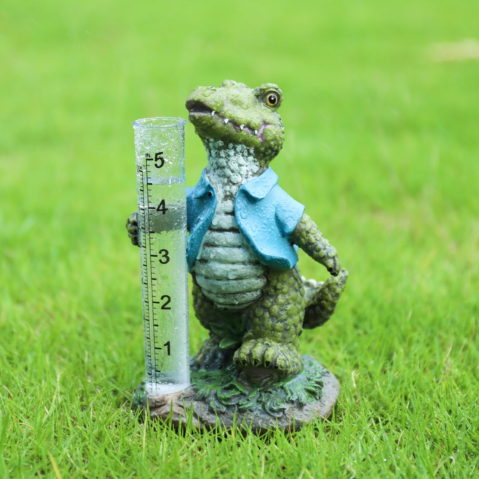 Outdoor Rain Gauge with Resin Crocodile Design & Plastic Tube - 6.7 Inch Decorative Garden Statue for Yard & Lawn - Perfect for Weather Monitoring & Garden Decor