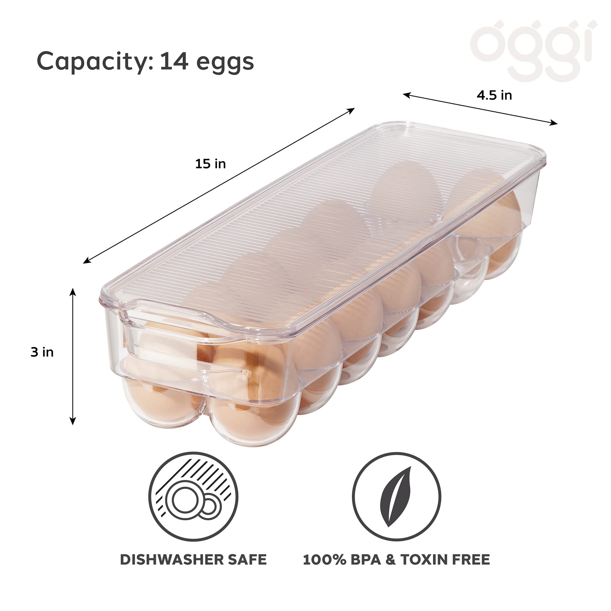 OGGI Stackable Covered Egg Holder - Clear Plastic 14 Egg Tray for Refrigerator | Kitchen & Fridge Organization | Food Storage Containers | Perfect for Breakfast Meal Prep, Baking, and Farm Fresh Egg Storage