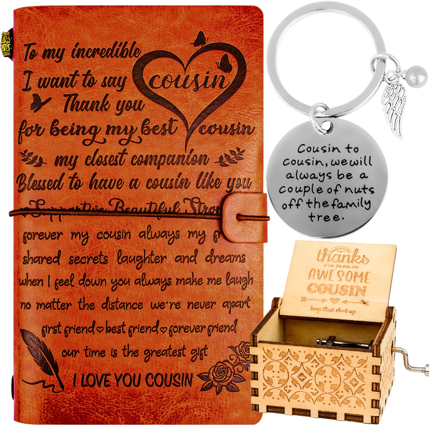 Personalized Cousin Gifts for Women - Leather Journal, Keychain & Music Box - Birthday & Special Occasion Presents - Perfect for Cousin's Birthday, Christmas & Family Celebrations