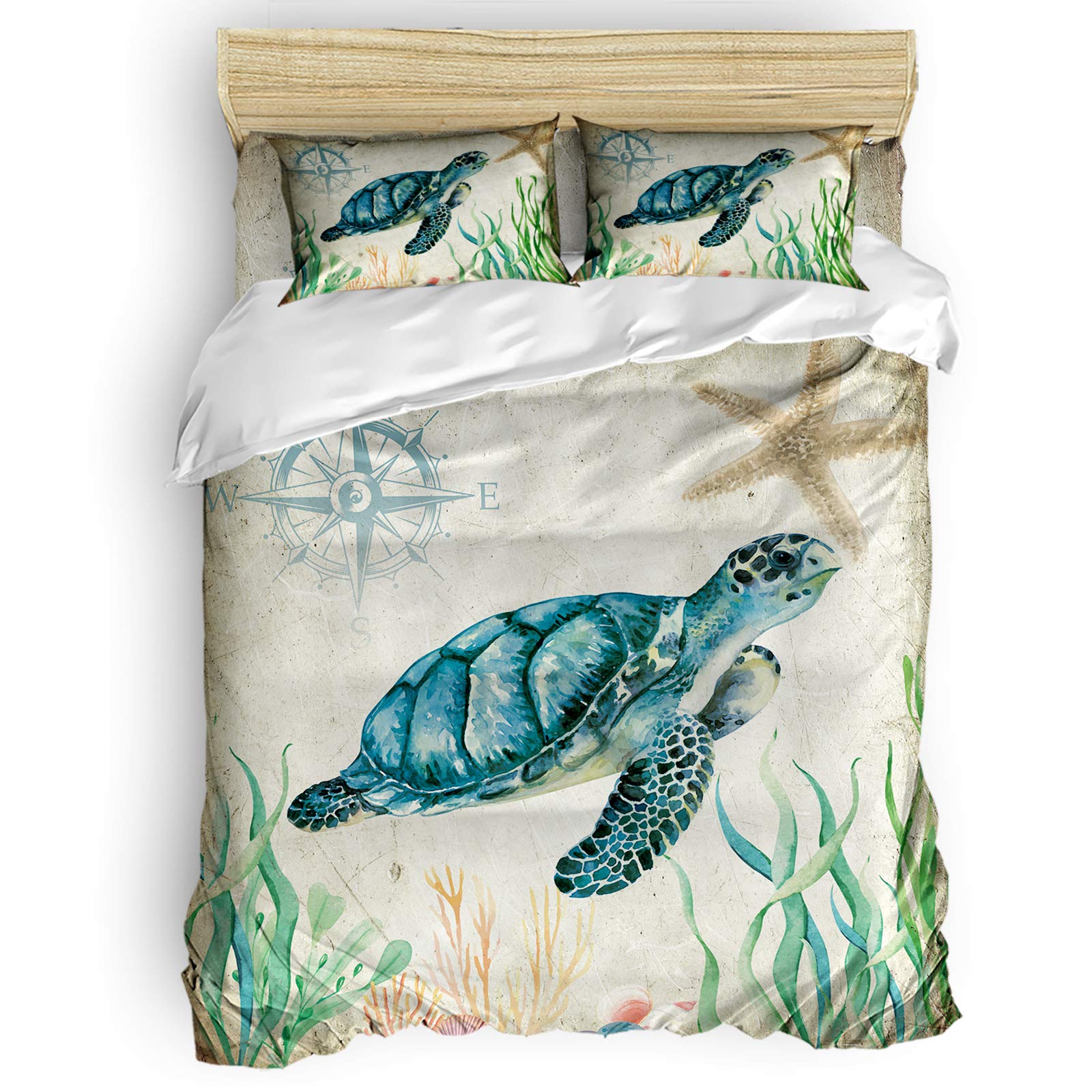 Yogaly Home Bedding Duvet Cover Set 4 Piece Twin Size - Ocean Theme Sea Turtle Print Comforter Cover with Flat Sheet & Pillowcases for Adults Teens Kids - Perfect for Beach Themed Bedrooms & Coastal Decor