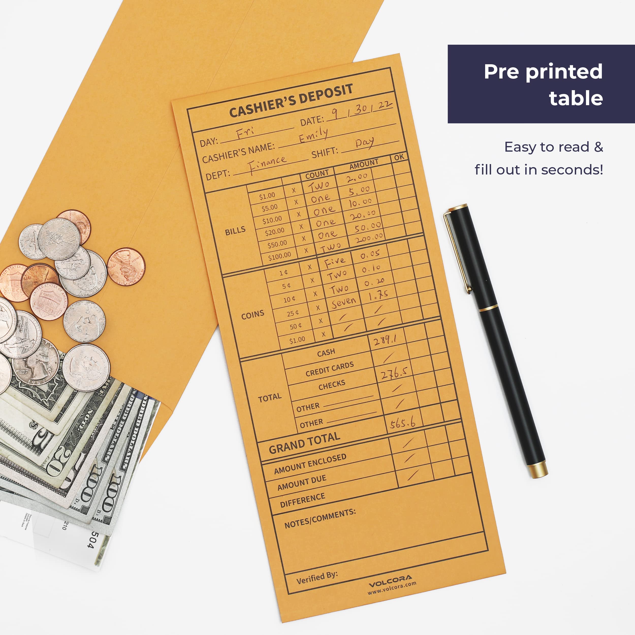 Volcora 500 Pack Self-Adhesive Cash Deposit Envelopes - Brown Kraft Bank Deposit Slips for Retail, Restaurants & Small Businesses - Perfect for Daily Cash Handling, Safe Money Storage & Organized Financial Transactions