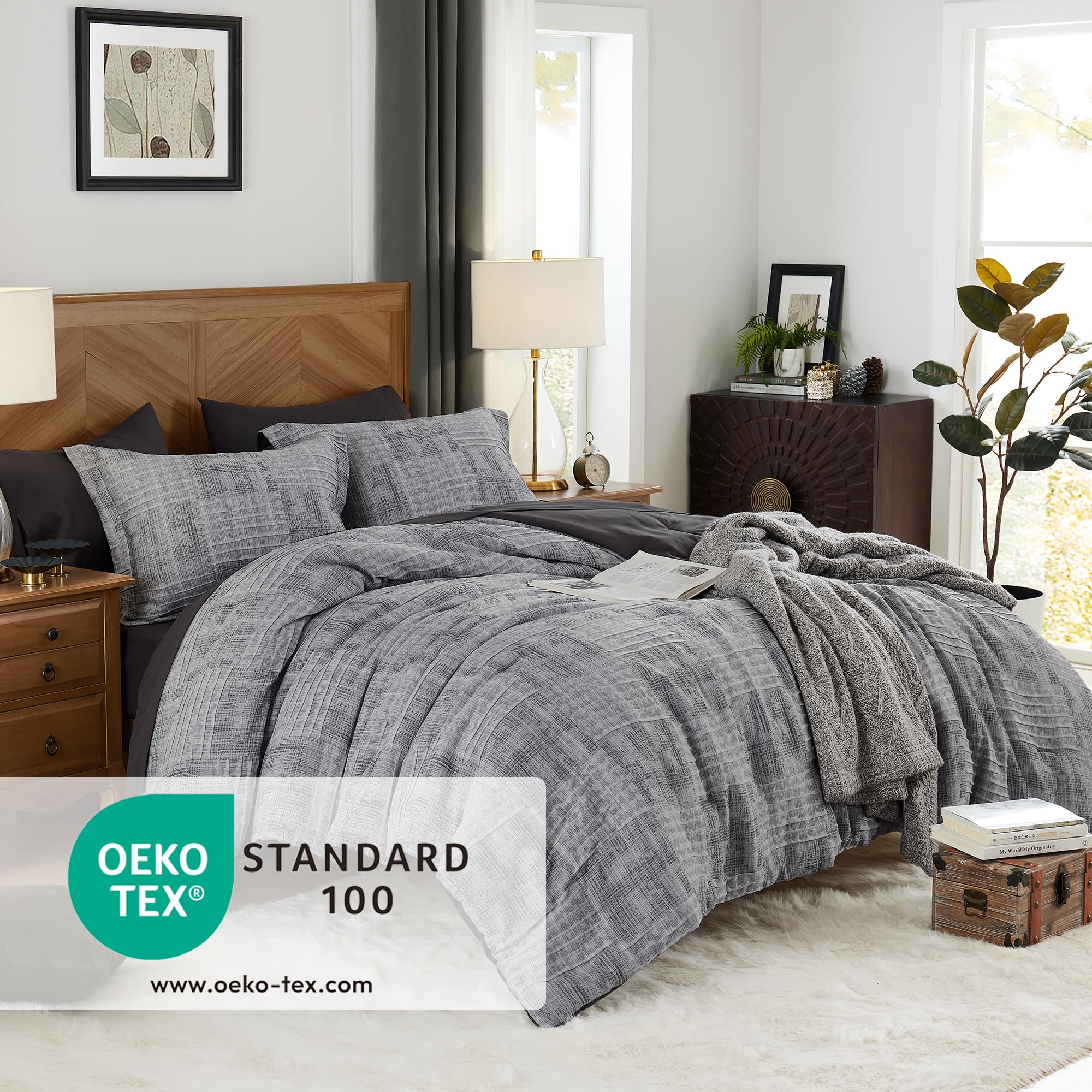 MaiRêve Charcoal Grey Full Comforter Set - 7 Piece Textured Crinkle Bed in a Bag with Comforter, Sheets, Pillowcases & Shams (80