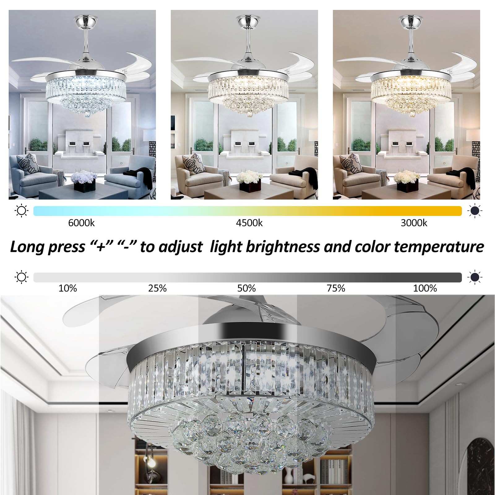42'' Silver Retractable Crystal Chandelier Ceiling Fan with Light - Remote Control, Dimmable, Reversible Blades - Perfect for Dining Room, Living Room & Bedroom Lighting Decor